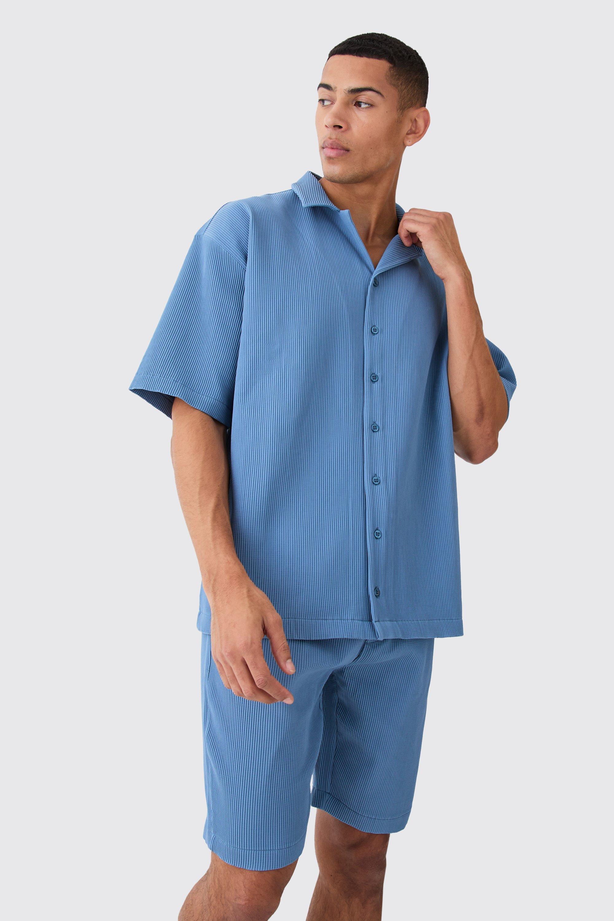 Mens Blue Oversized Pleated Shirt And Short, Blue
