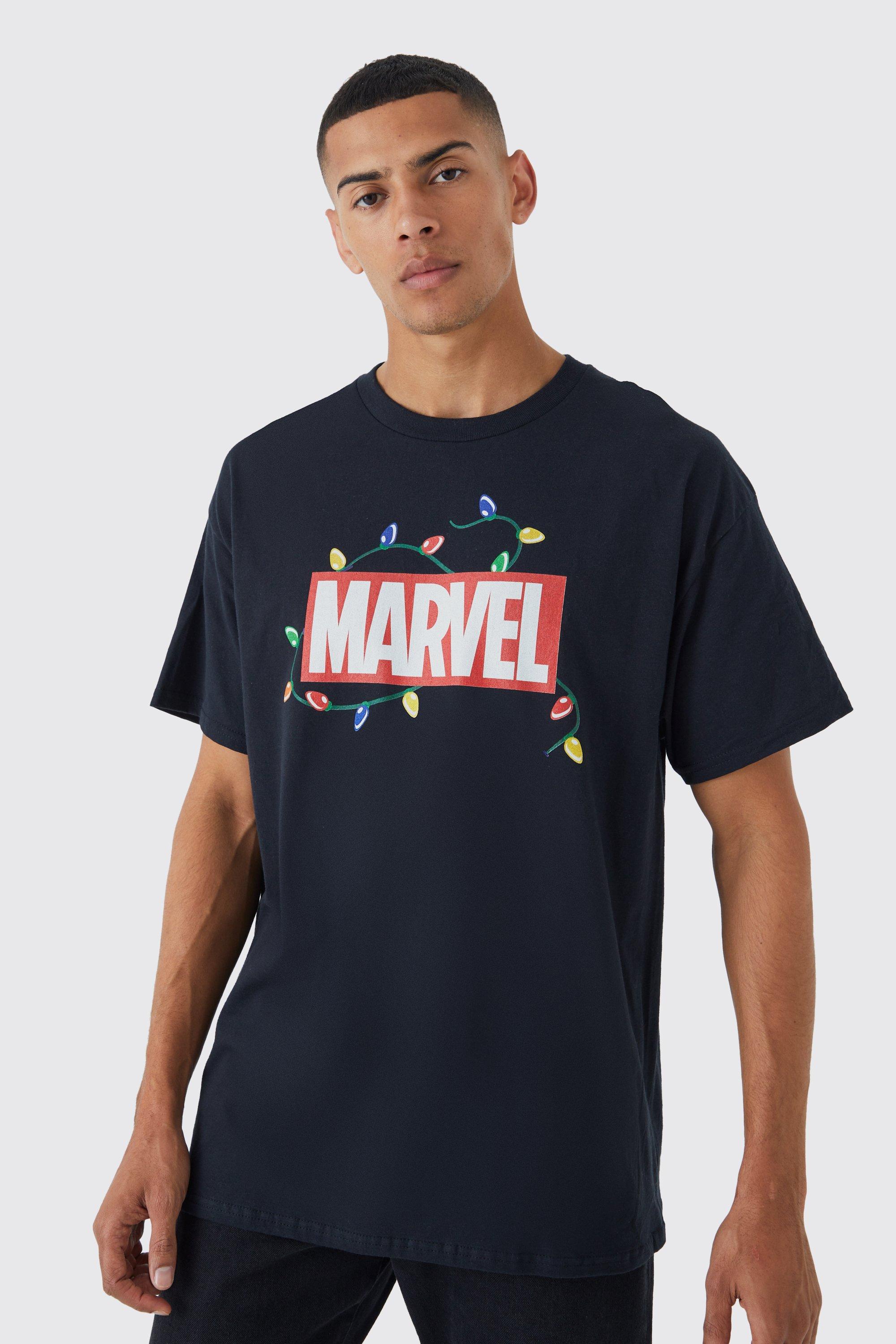 Mens Black Oversized Marvel Christmas License T-shirt, Black