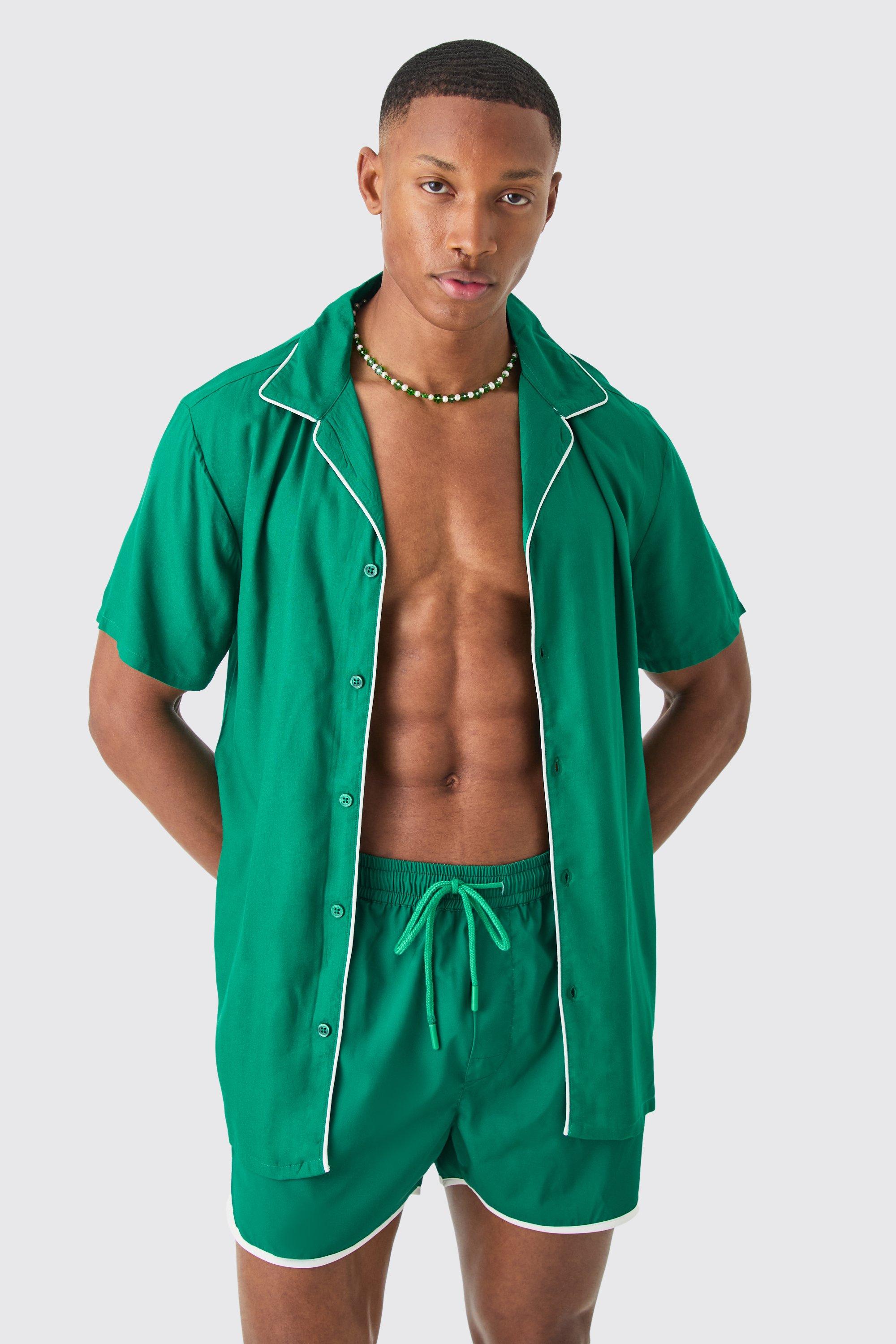 Mens Green Short Sleeve Plain Piping Shirt & Swim Set, Green