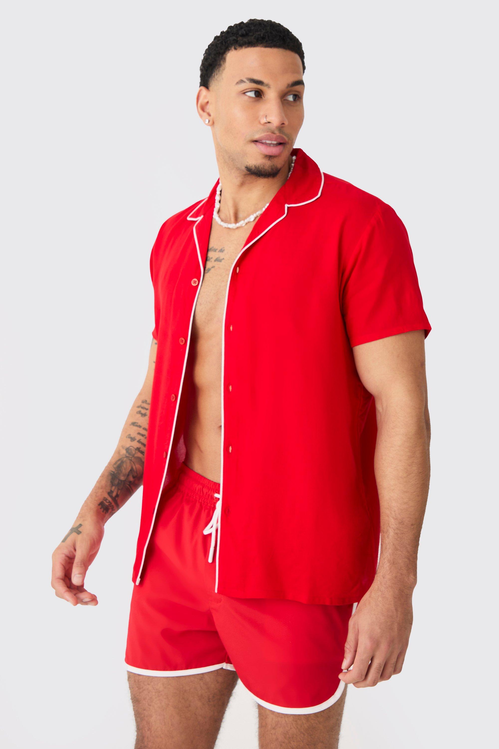 Image of Short Sleeve Plain Piping Shirt & Swim Set, Rosso