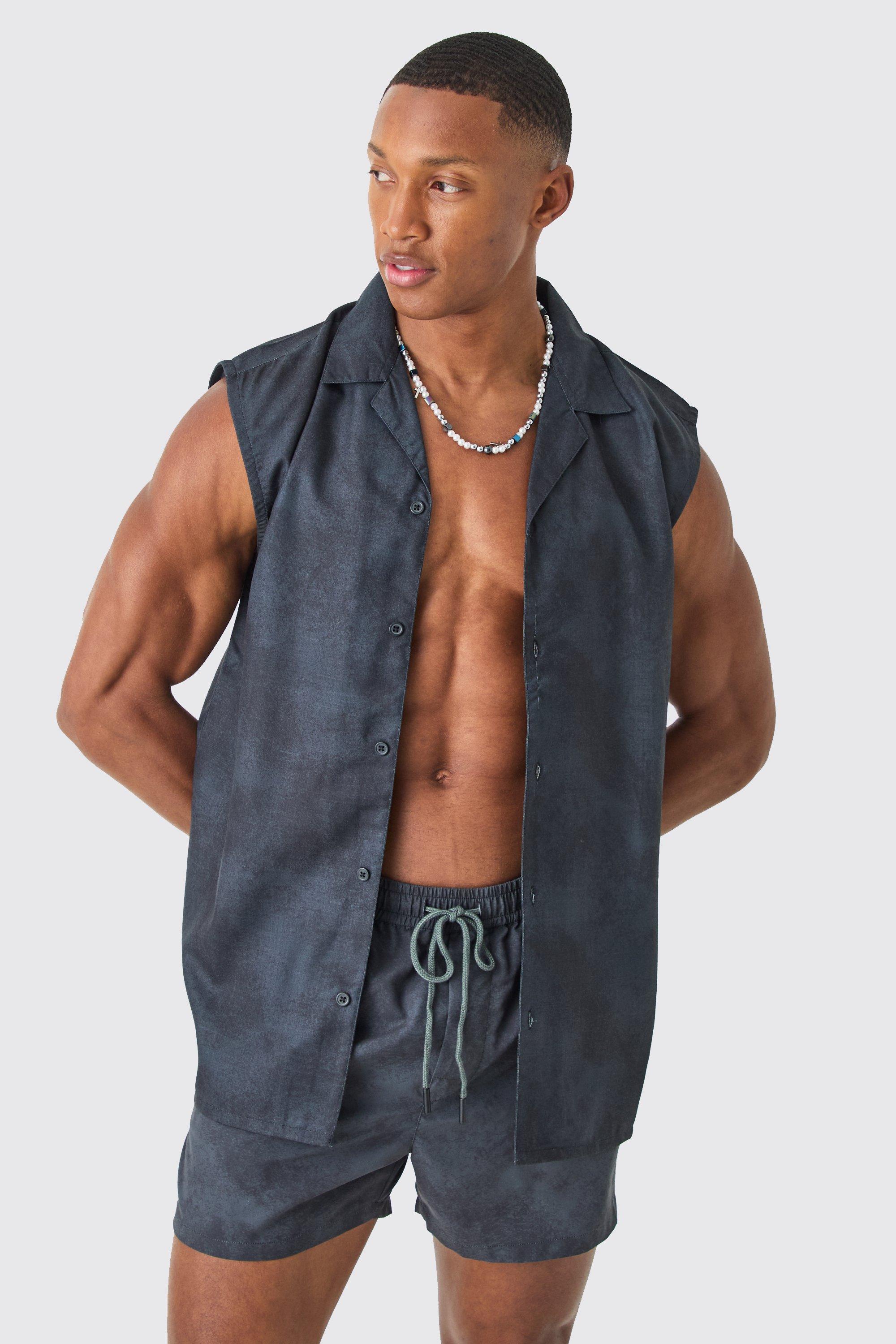 Image of Set camicia smanicata in lavaggio acido & costume a pantaloncino, Nero