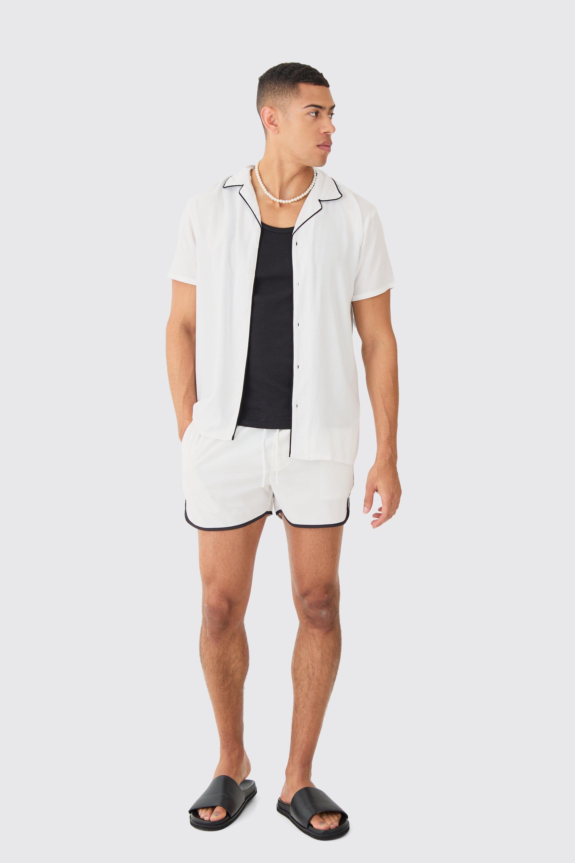 Mens White Short Sleeve Plain Piping Shirt & Swim Set, White