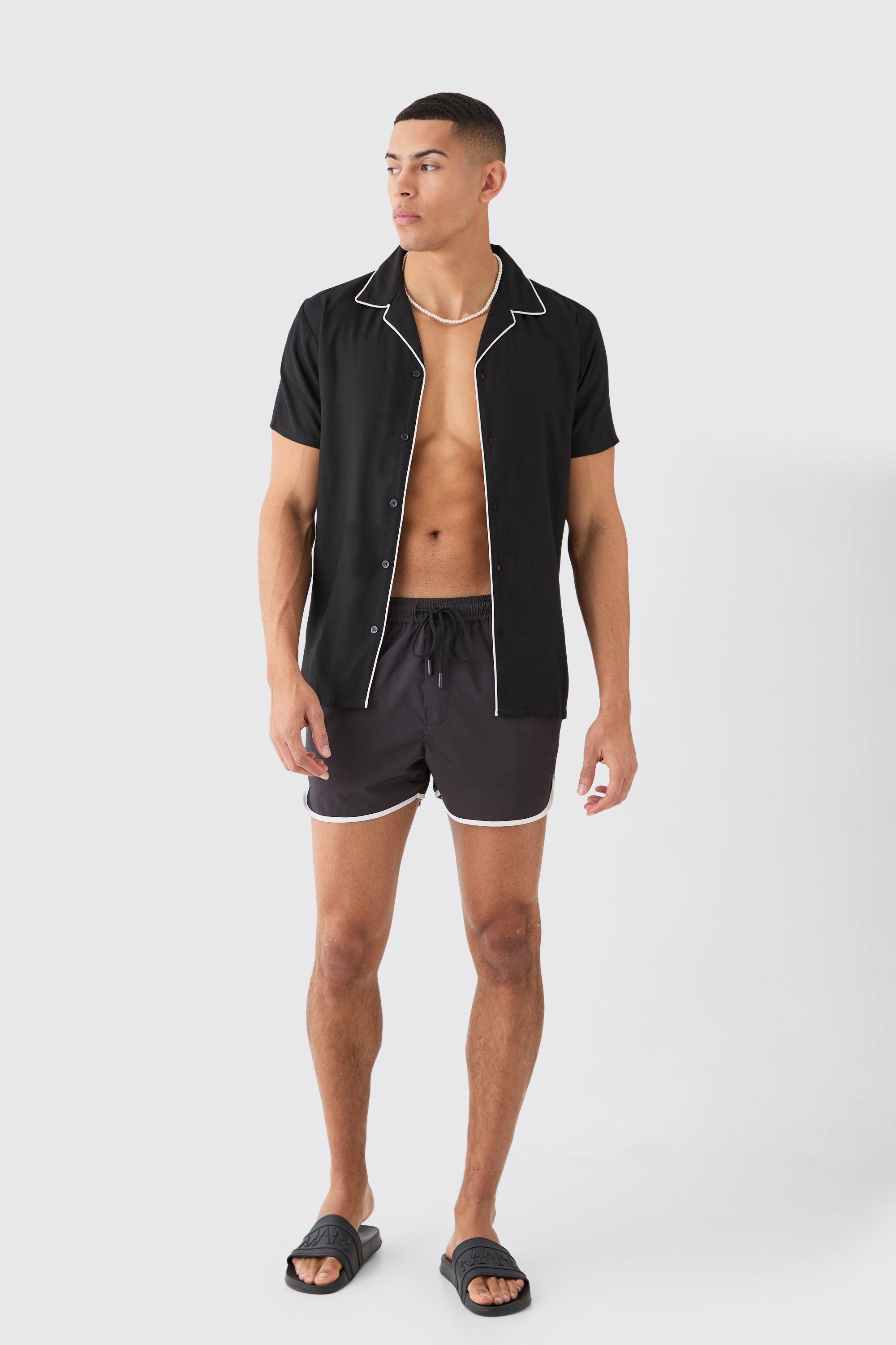 Mens Black Short Sleeve Plain Piping Shirt & Swim Set, Black