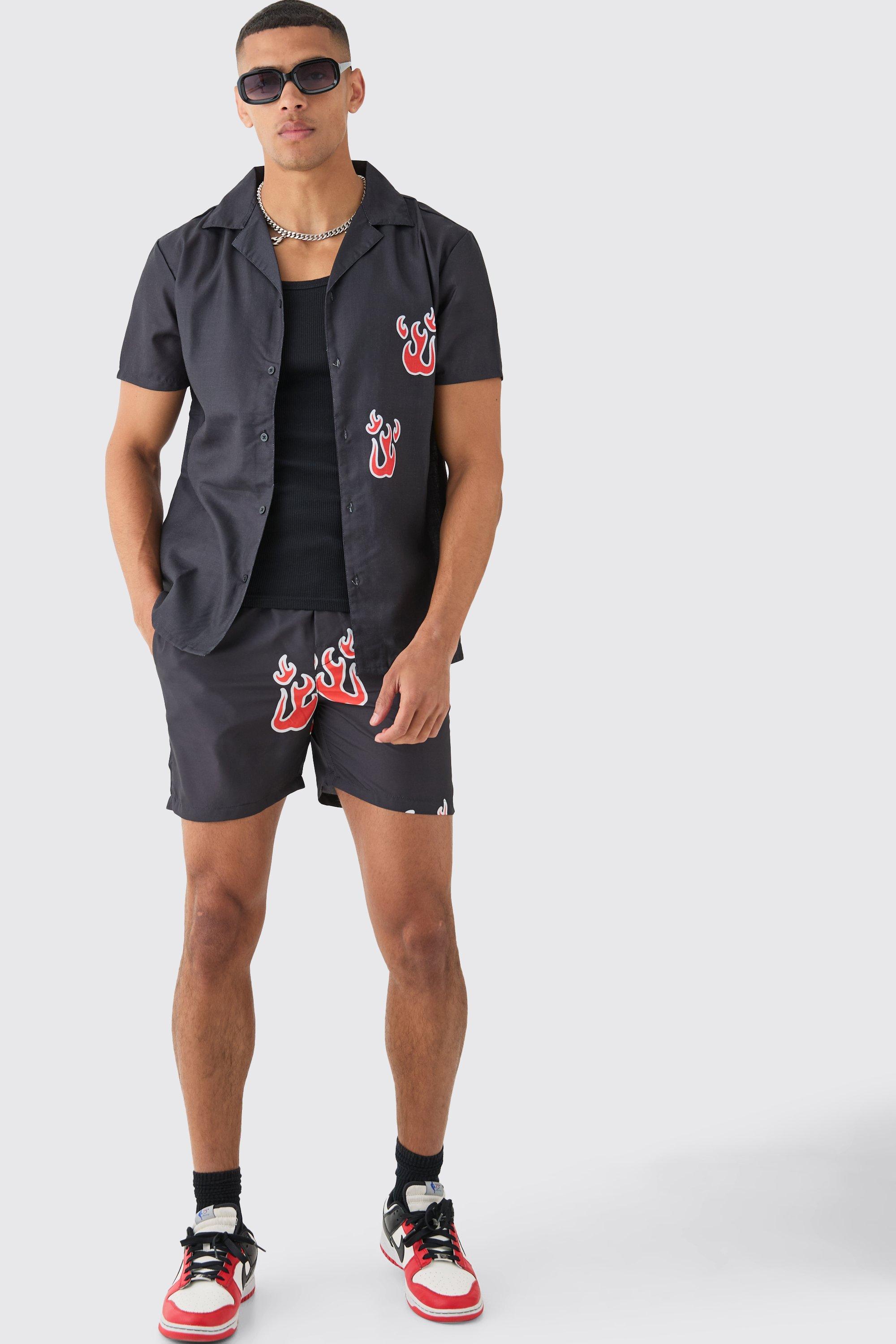 Mens Black Short Sleeve Flame Shirt & Swim Set, Black