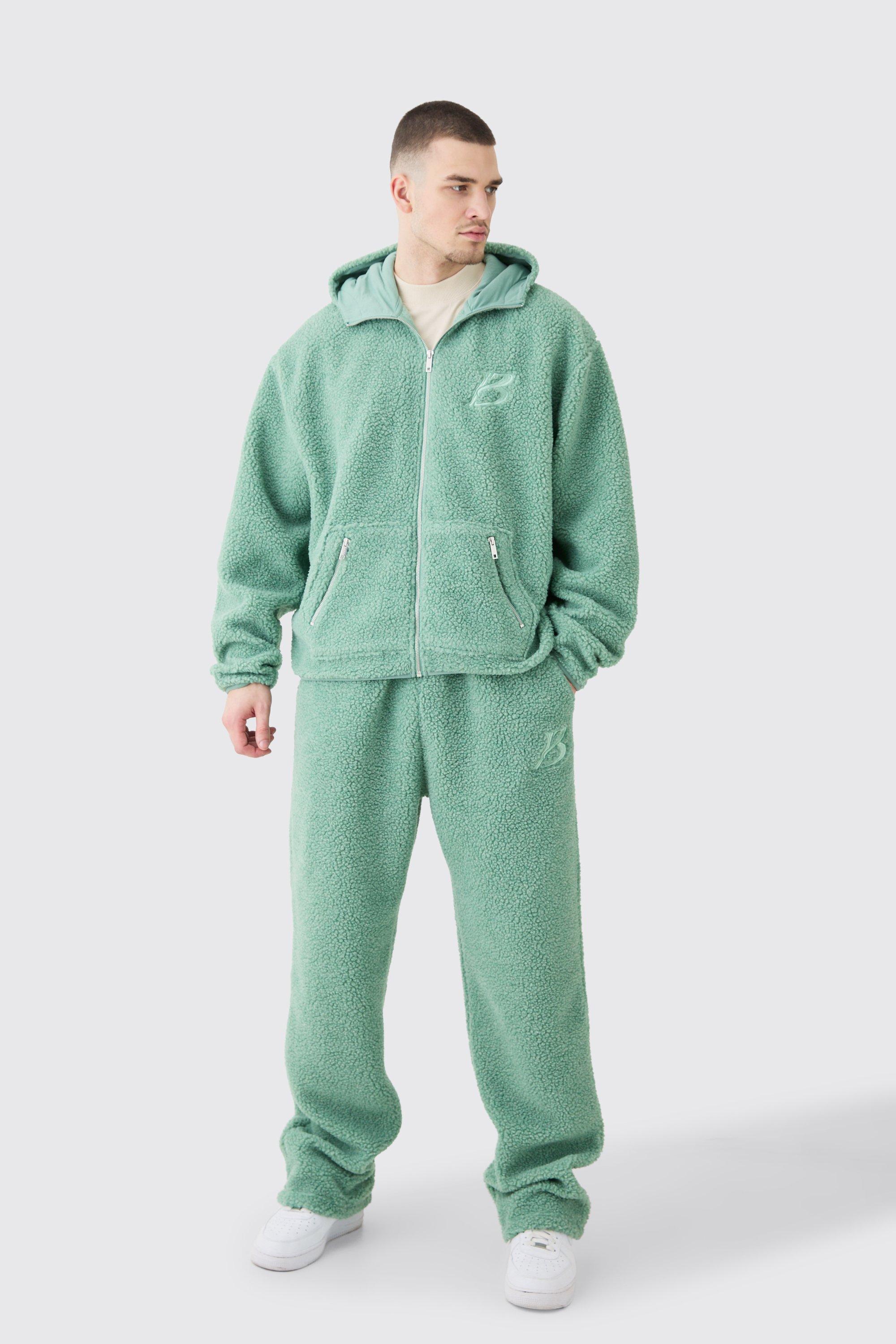 Mens Green Tall Oversized Boxy Zip Through Borg Embroidered Hooded Tracksuit, Green