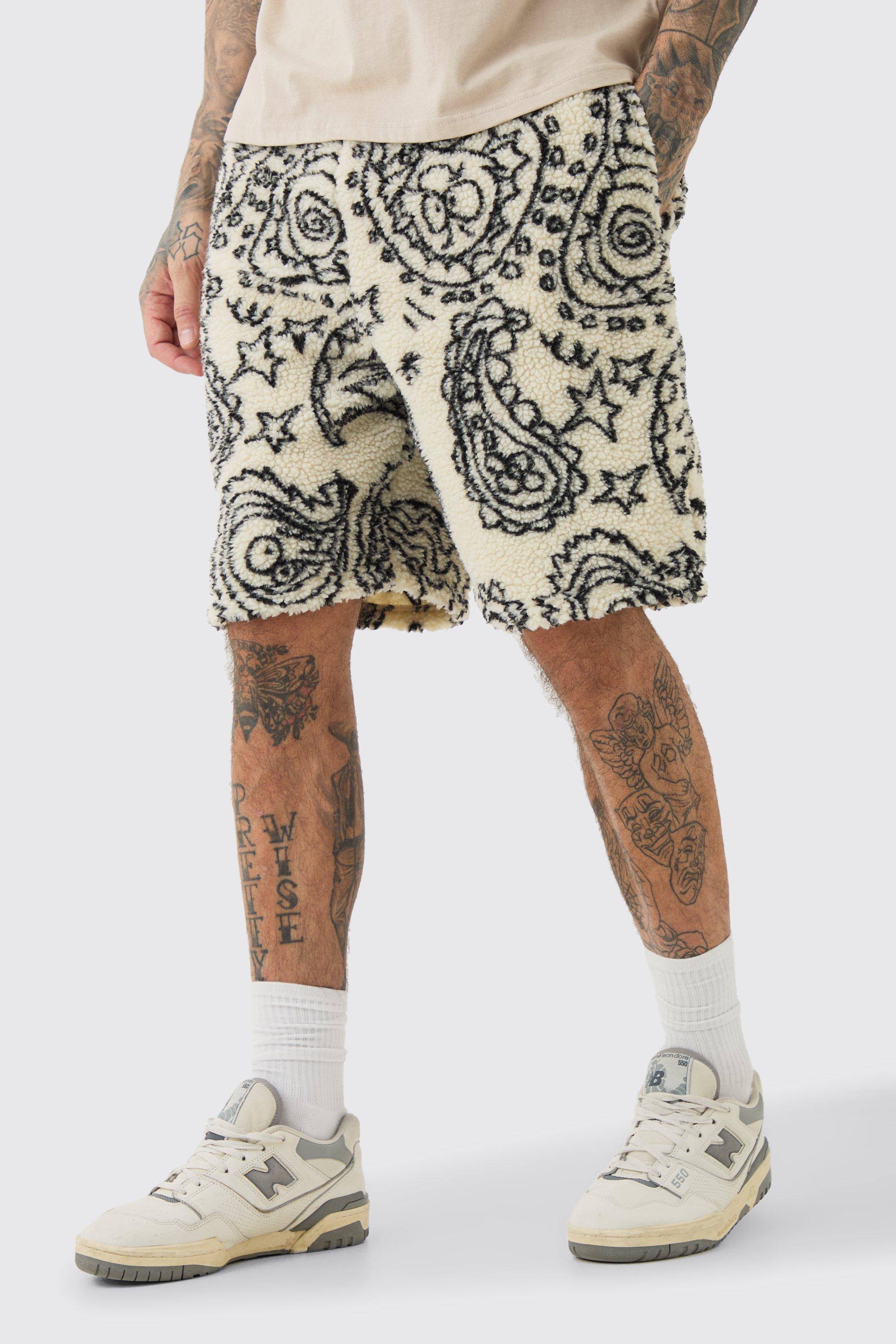 tall loose mid length bandana borg shorts homme - ecru - xxl, ecru