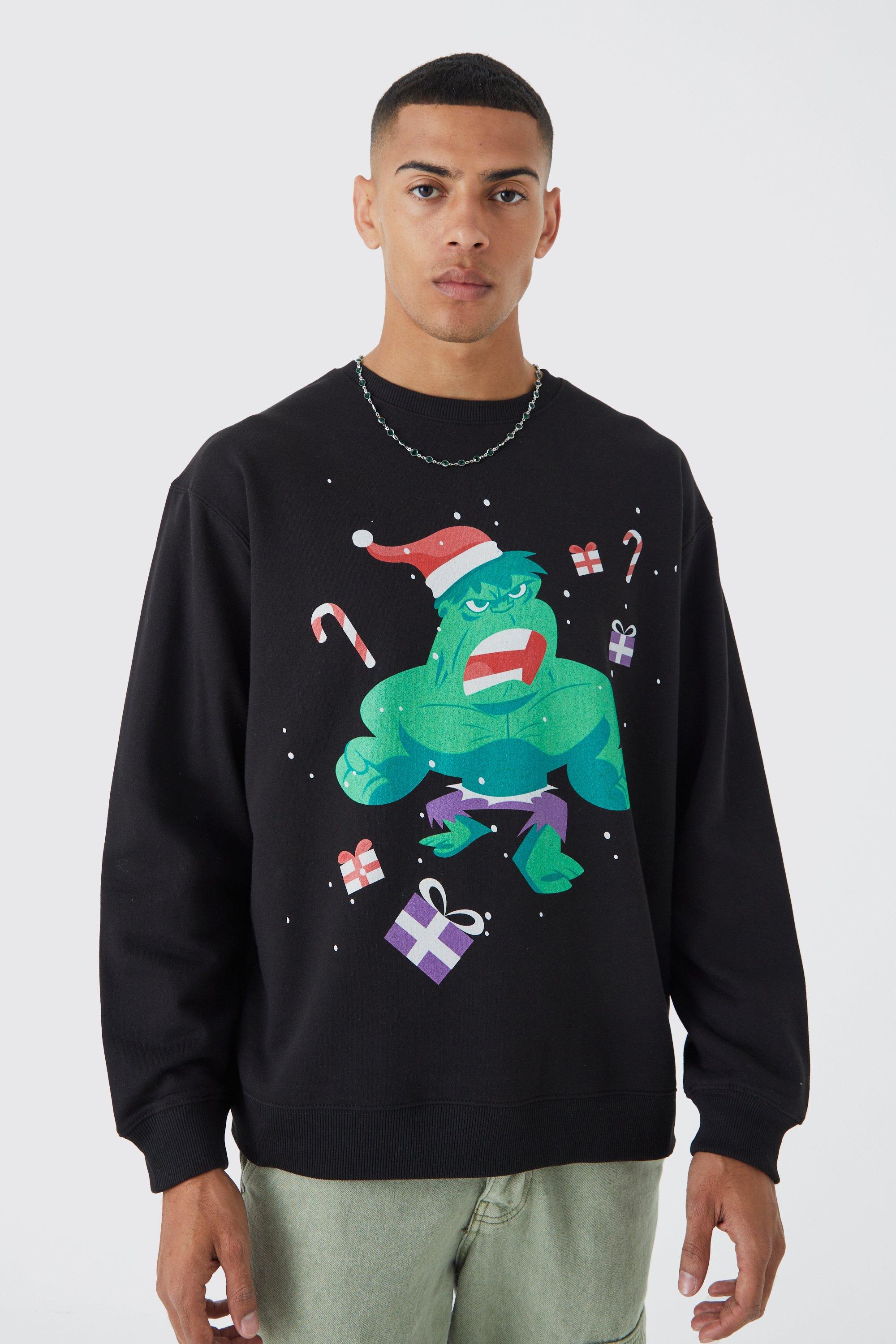 Mens Black Oversized Christmas Marvel Hulk License Sweatshirt, Black