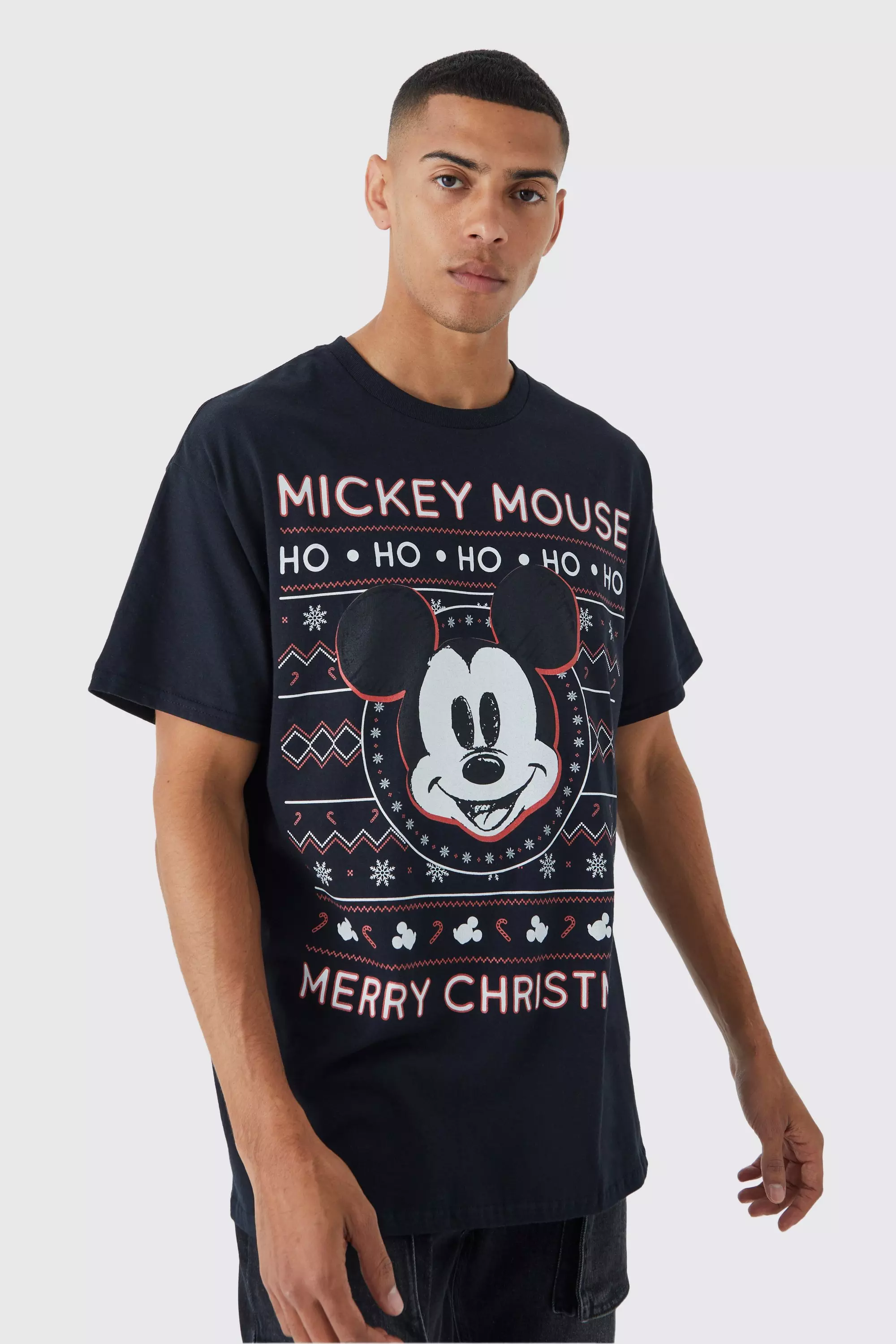 Mens Oversized Christmas Mickey Mouse Disney License T-Shirt - Black