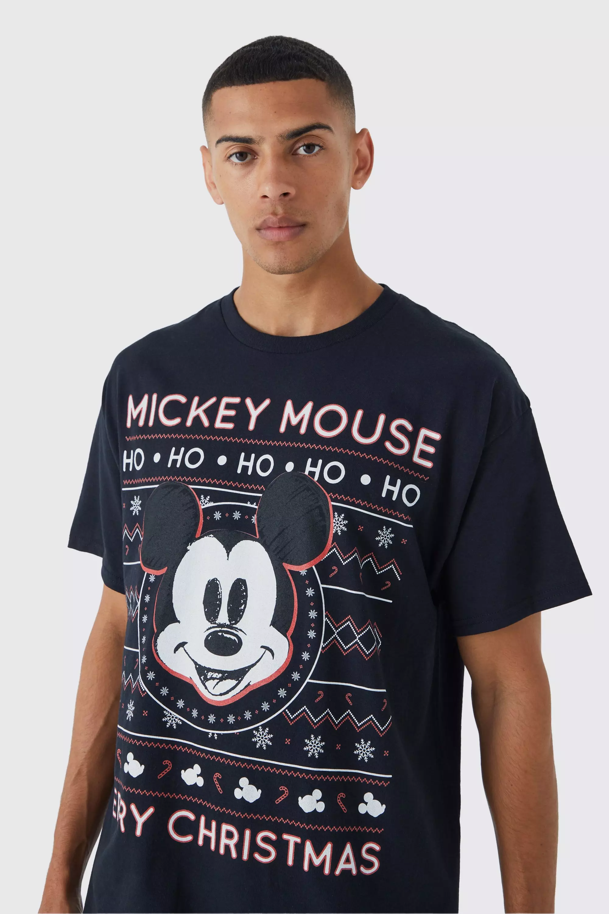 Mens Oversized Christmas Mickey Mouse Disney License T-Shirt - Black