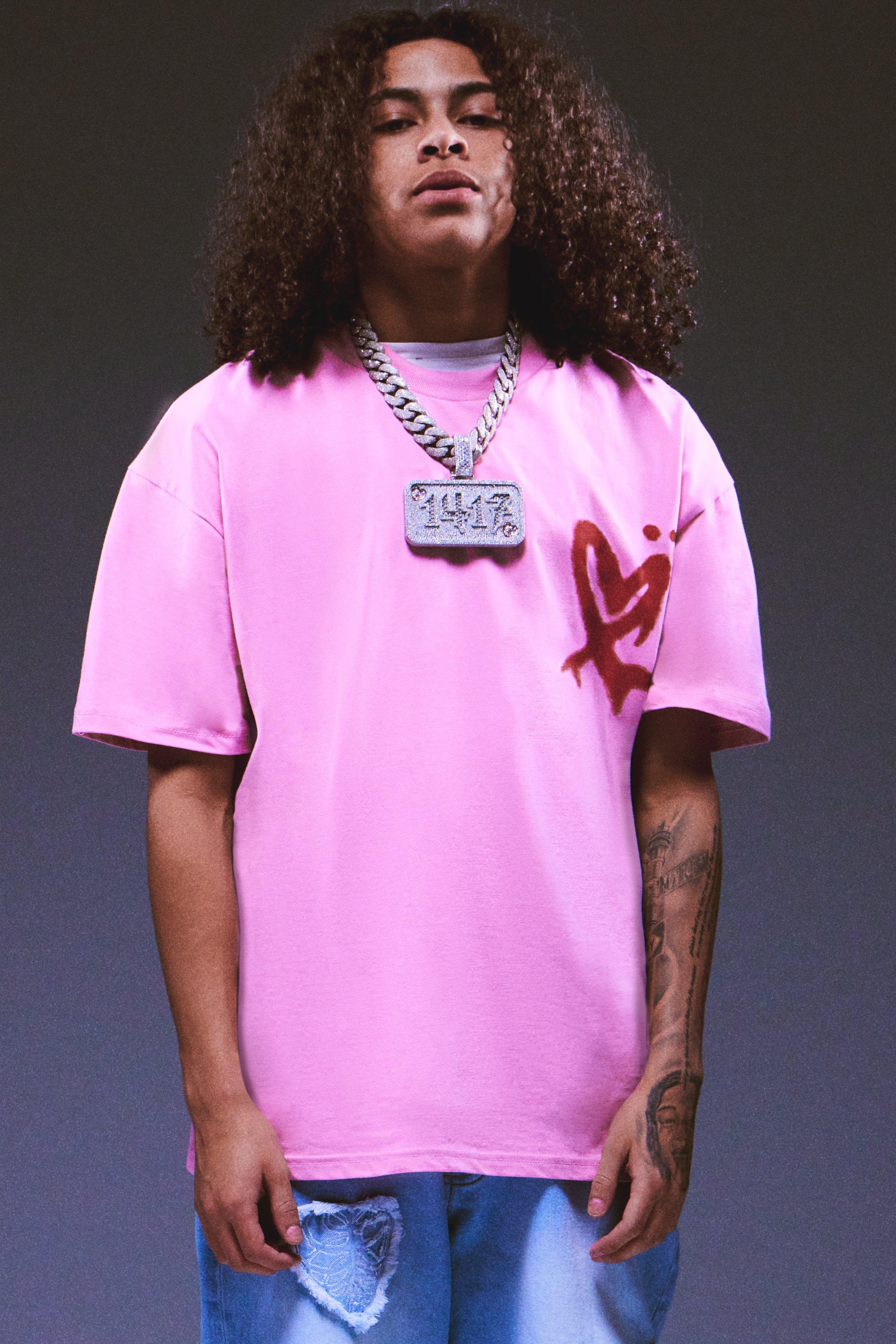 Mens Pink Oversized Extended Neck Heart T-shirt