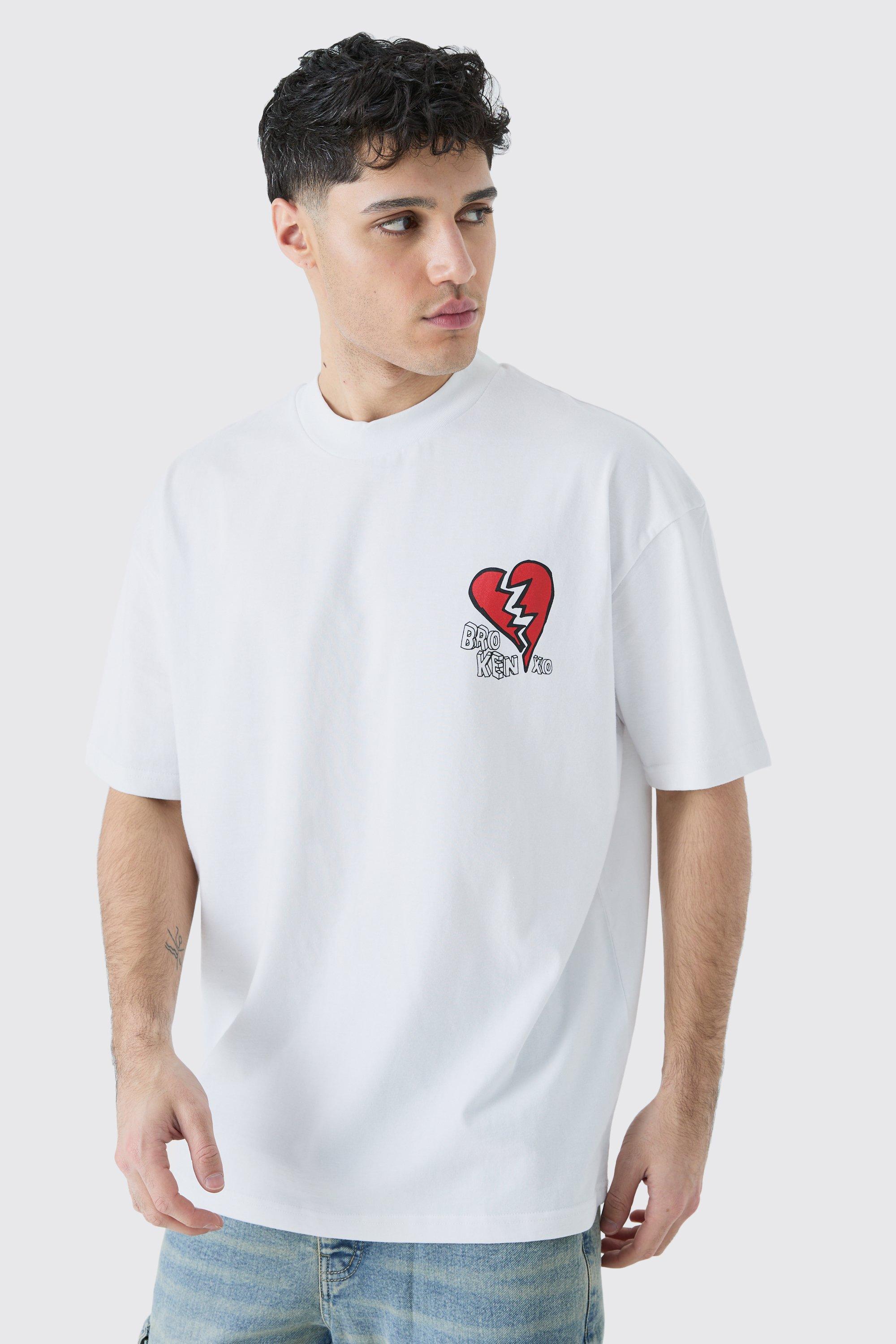Mens White Oversized Broken Hearts T-shirt, White