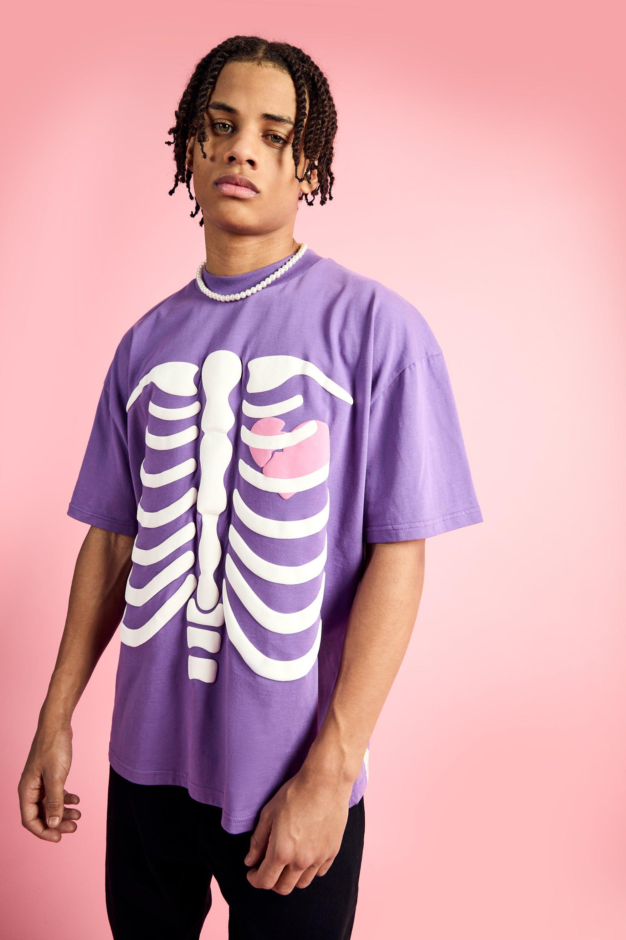 Mens Purple Oversized Extended Neck Heart Breaker T-shirt, Purple