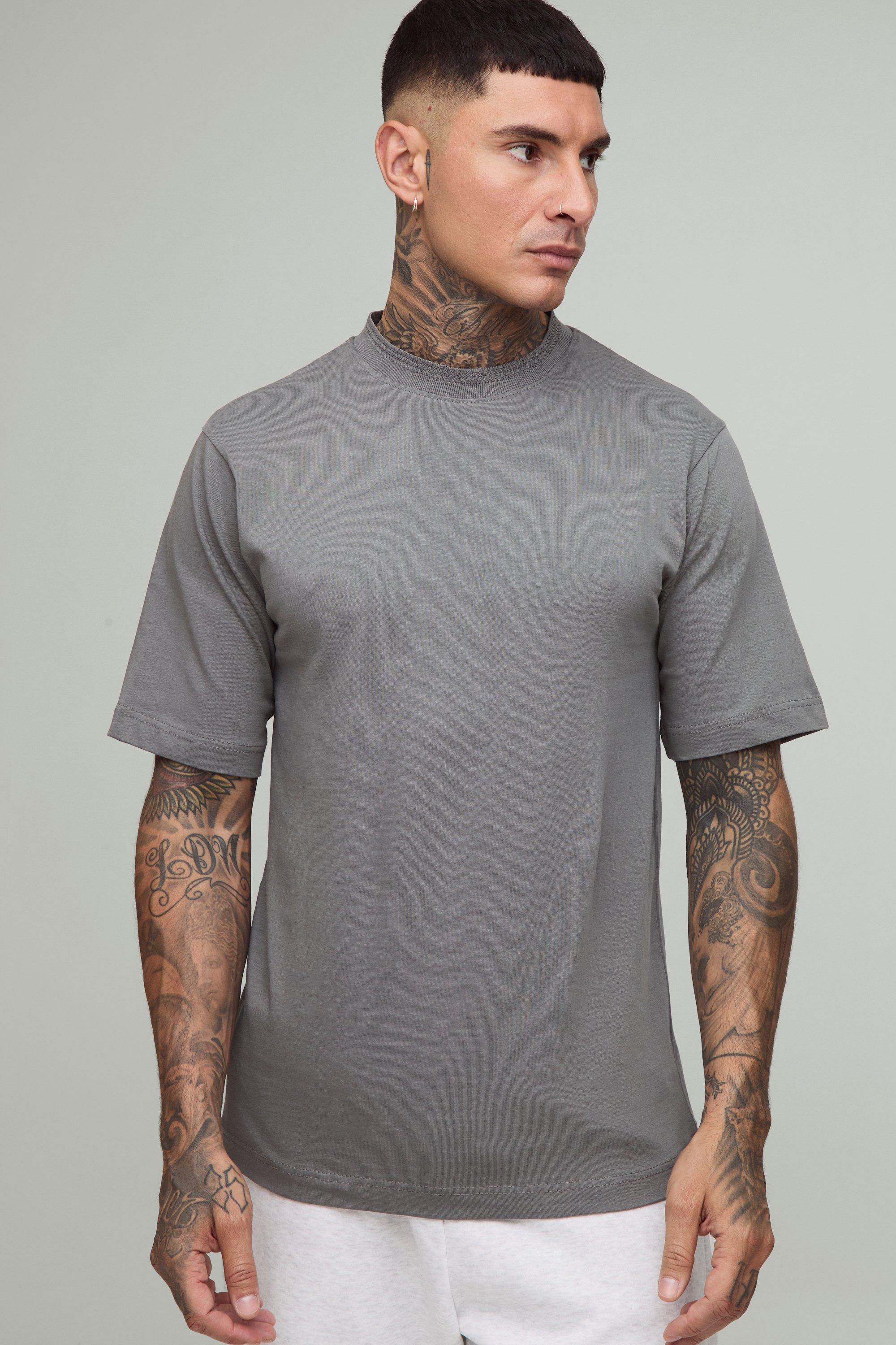 Mens Grey Tall Regular Fit Core Heavy Jacquard Neck T-shirt, Grey
