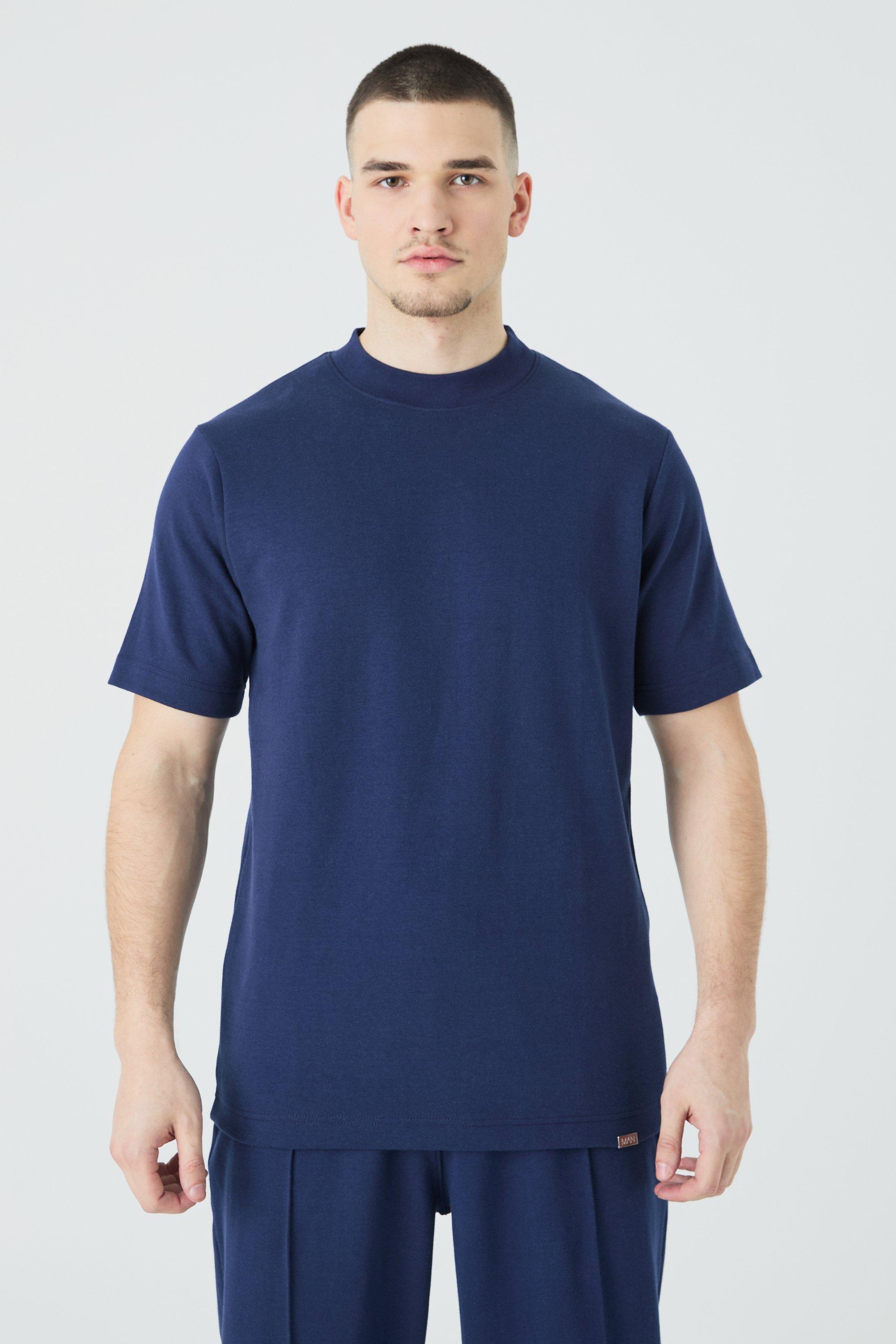 Mens Navy Tall Slim Fit Extended Neck Heavy Interlock T-shirt, Navy