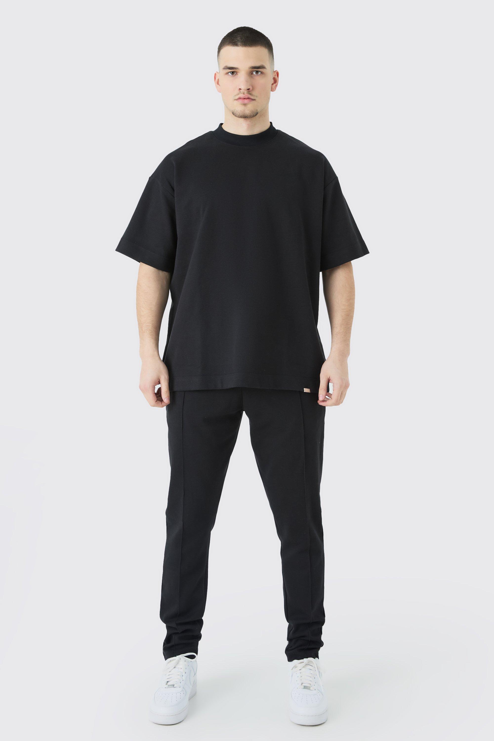 Mens Black Tall Oversized T-shirt & Taper Jogger Interlock Set, Black