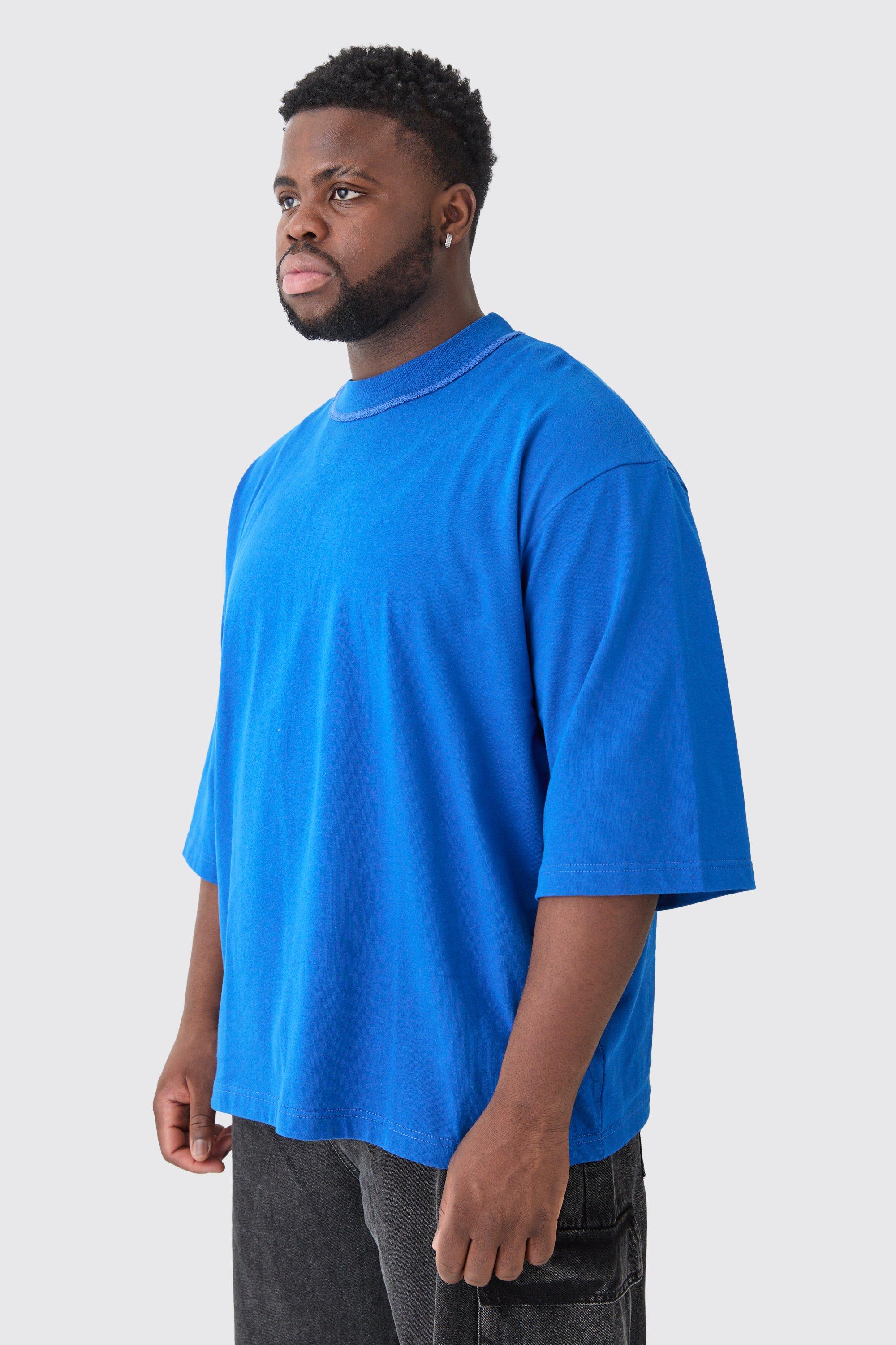 Mens Blue Plus Oversized Heavy Layed On Neck Carded T-shirt, Blue