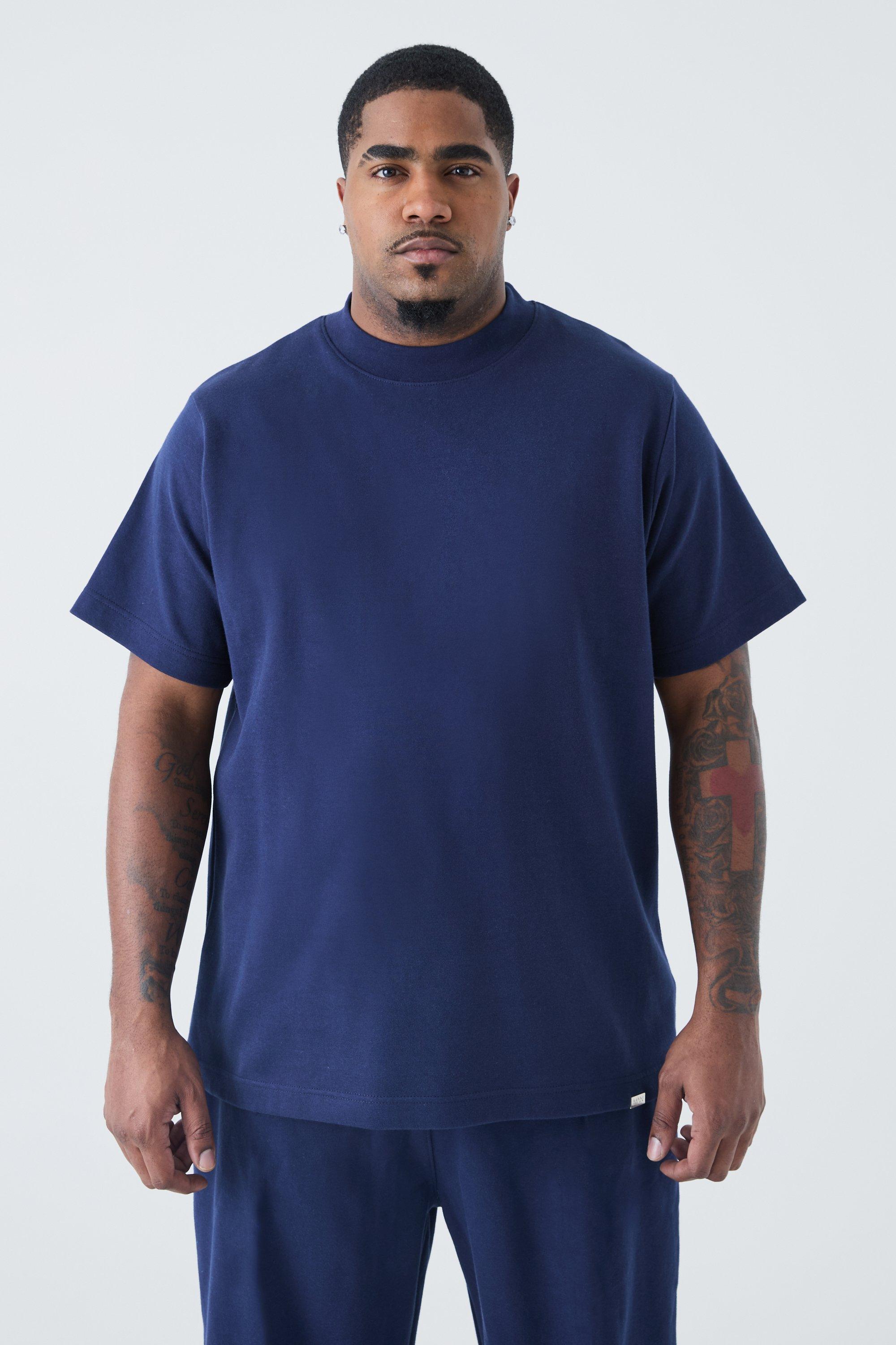 Mens Navy Plus Slim Fit Extended Neck Heavy Interlock T-shirt, Navy