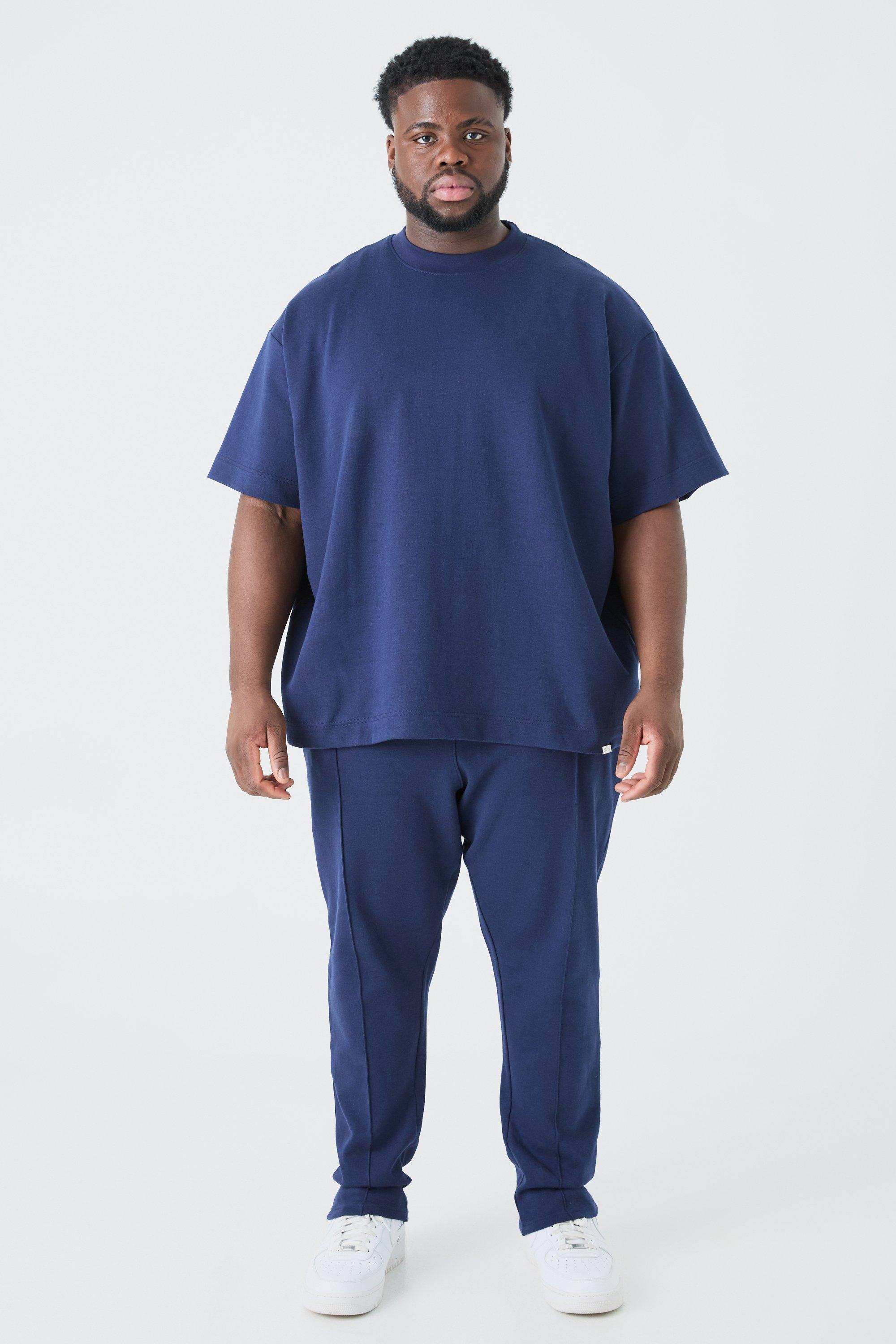 Image of Set Plus Size T-shirt oversize & pantaloni tuta affusolati in maglia intrecciata, Navy