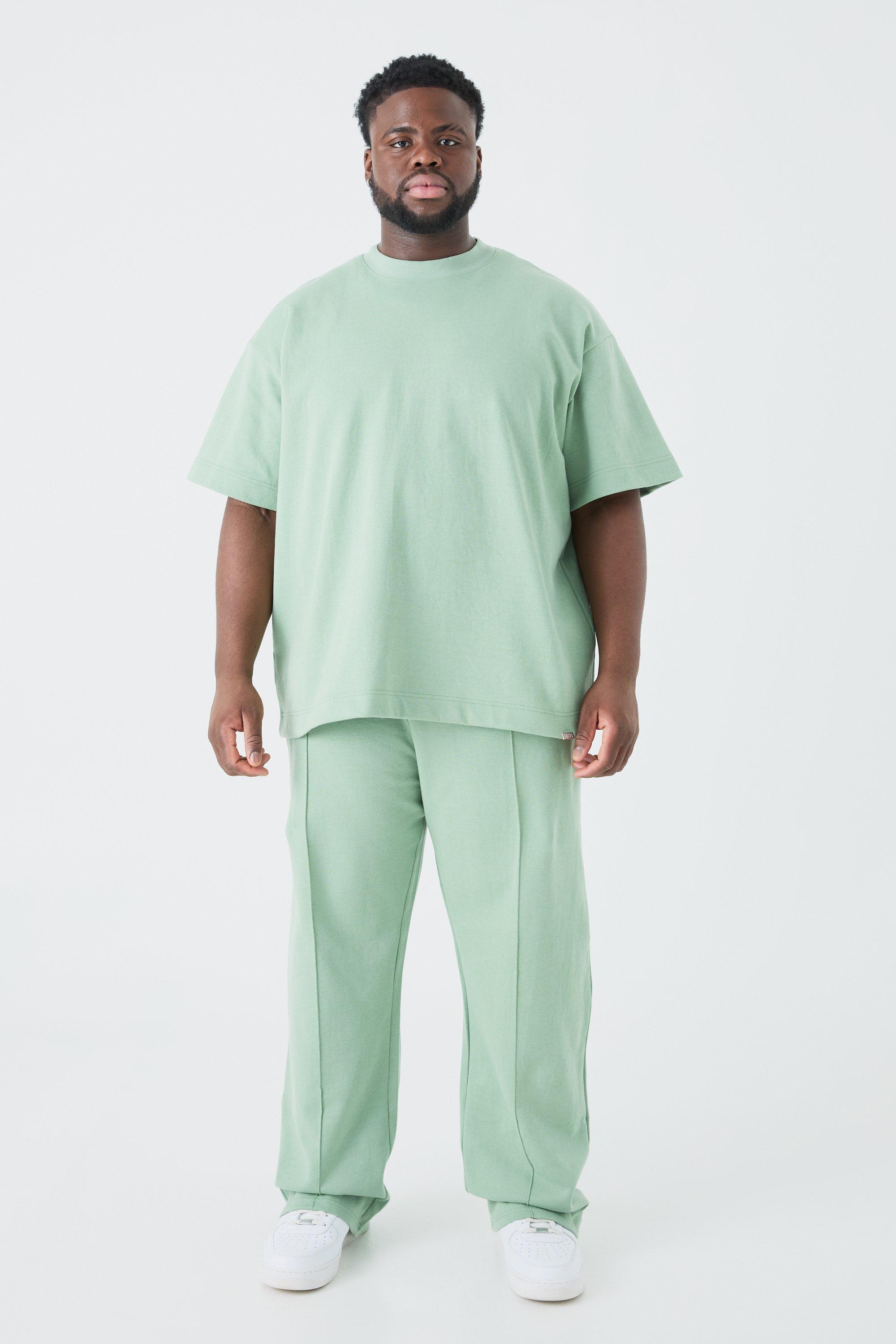 Image of Set Plus Size T-shirt oversize & pantaloni tuta rilassati a effetto intrecciato, Verde