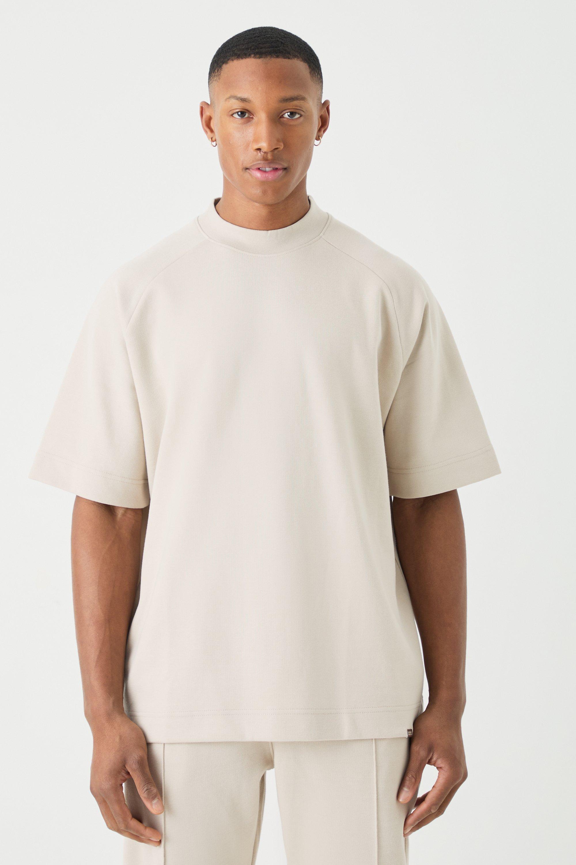 Mens Beige Man Oversized Extended Neck Raglan Heavy Interlock T-shirt, Beige
