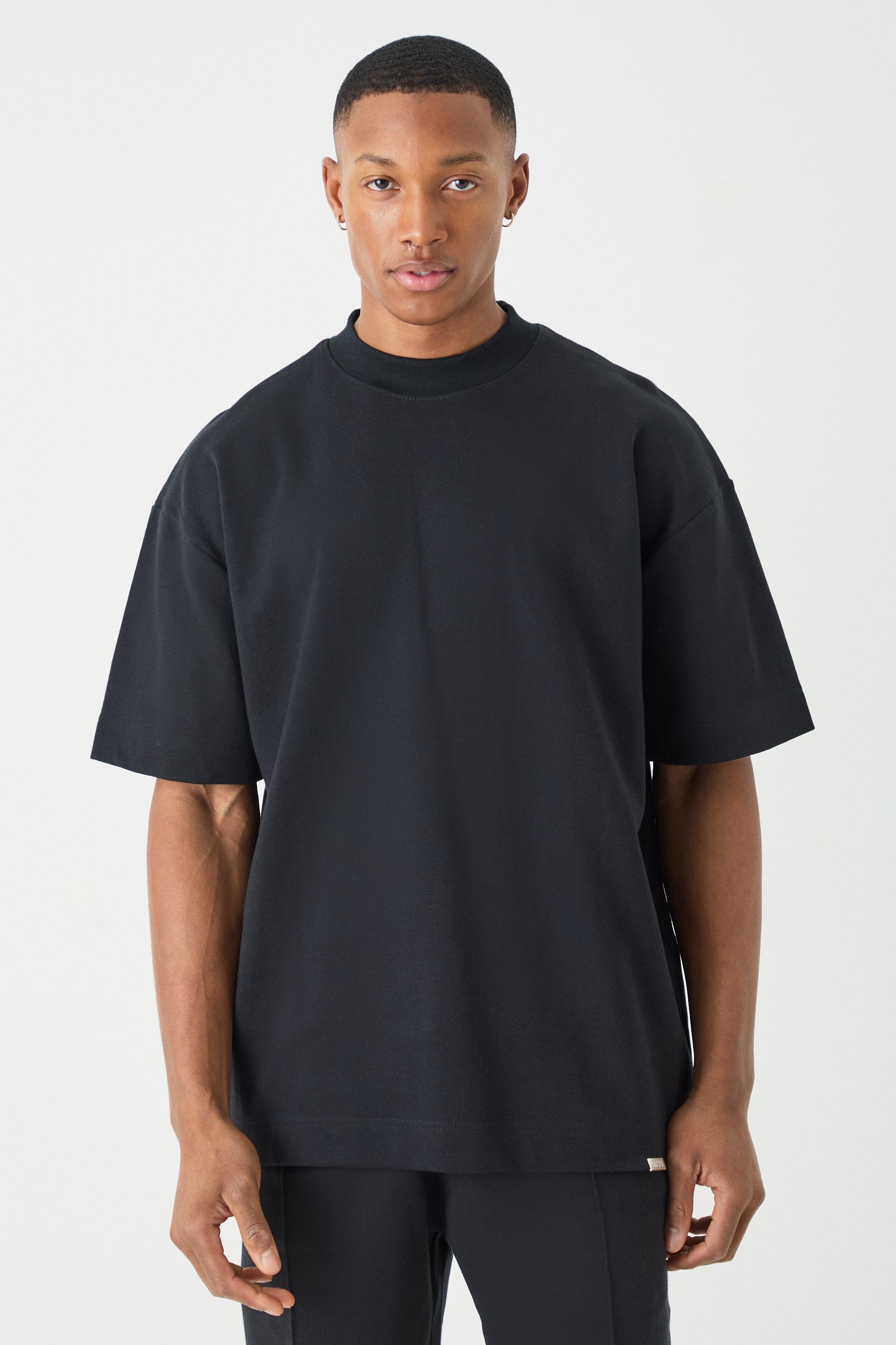 Image of T-shirt Man oversize pesante in maglia intrecciata con girocollo esteso, Nero