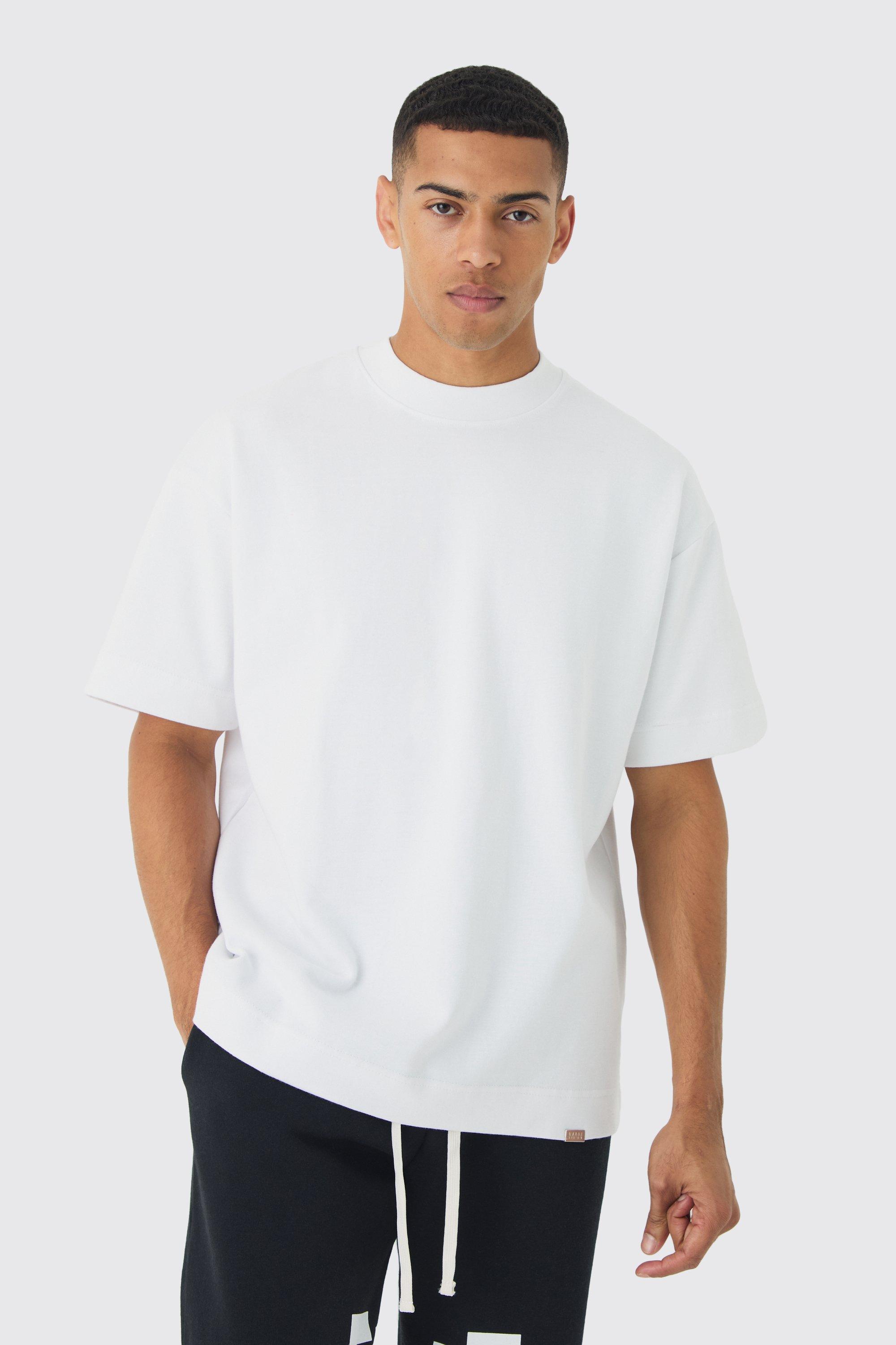 Mens White Man Oversized Extended Neck Heavy Interlock T-shirt, White