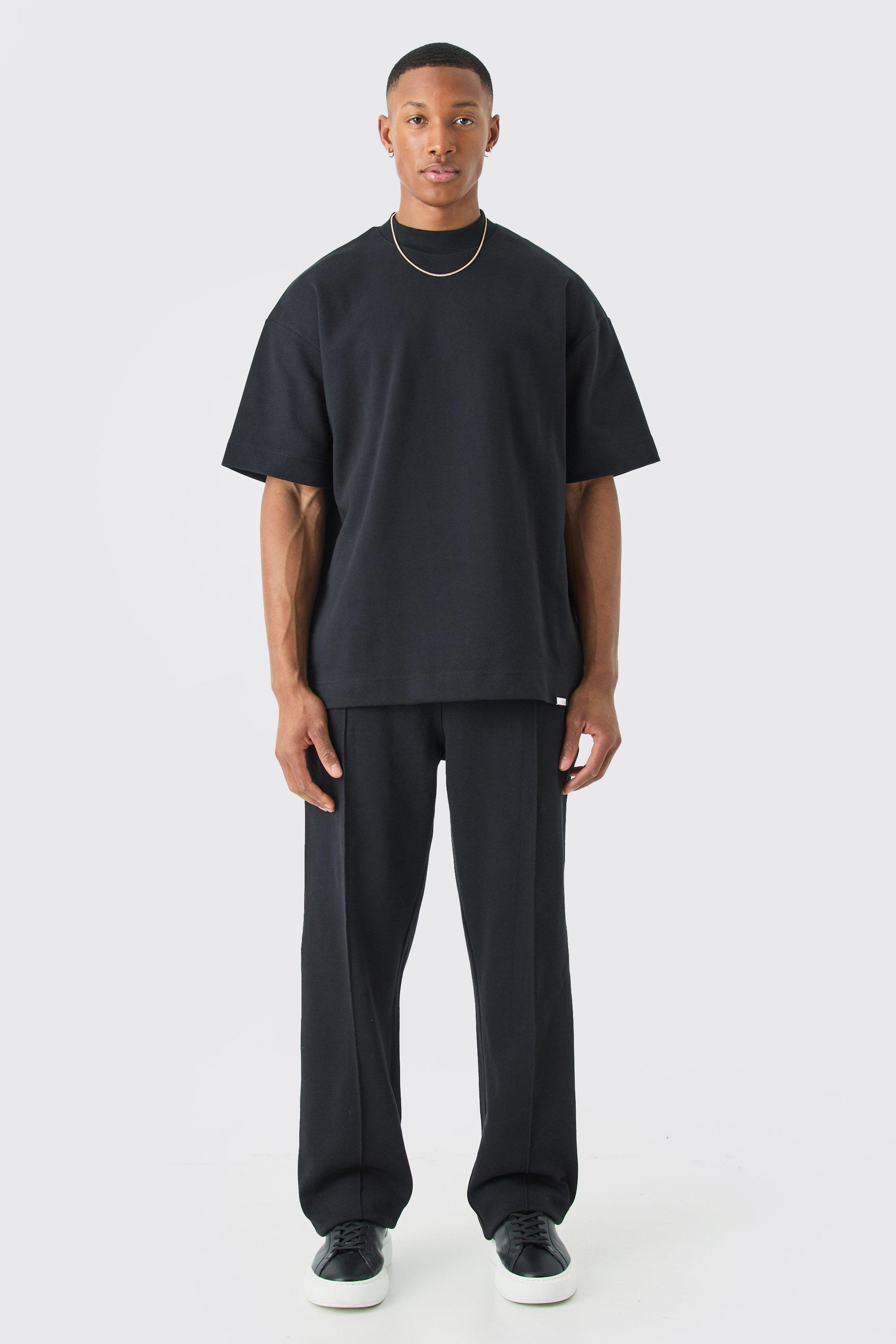 Mens Black Oversized T-shirt & Relaxed Jogger Interlock Set, Black