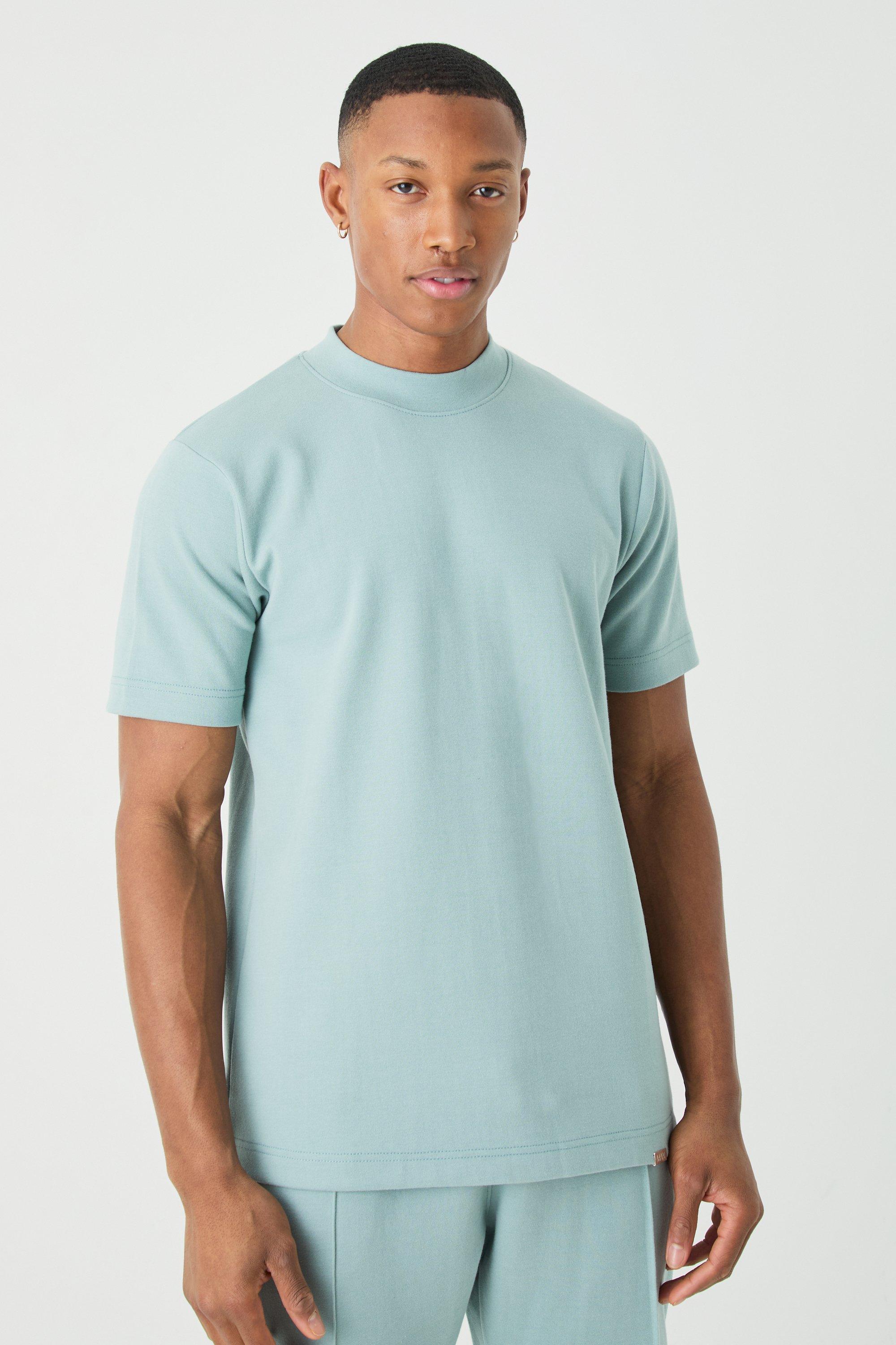 Image of T-shirt Man Slim Fit in maglia intrecciata pesante con girocollo esteso, Azzurro