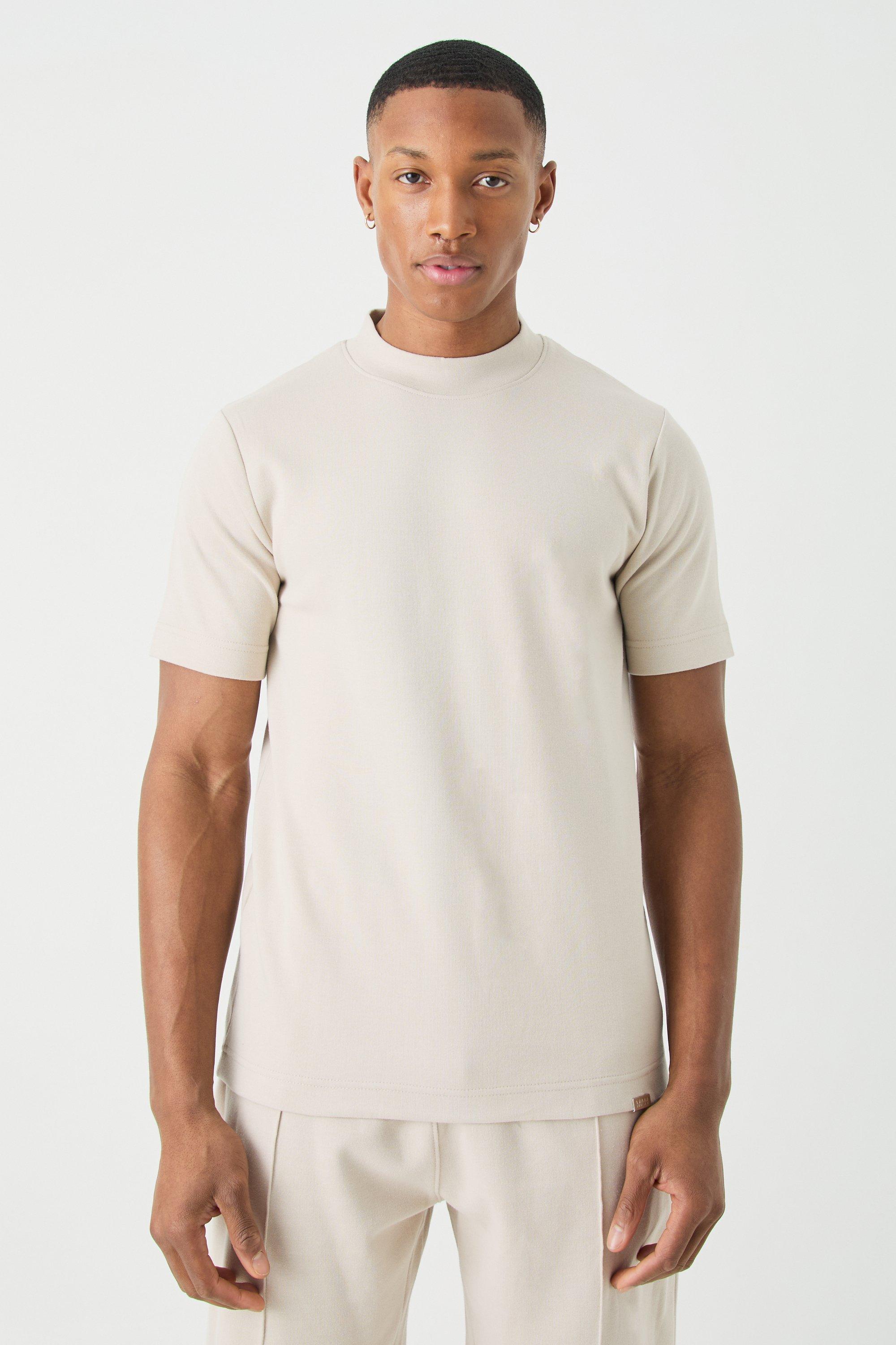 Mens Beige Man Slim Fit Extended Neck Heavy Interlock T-shirt, Beige
