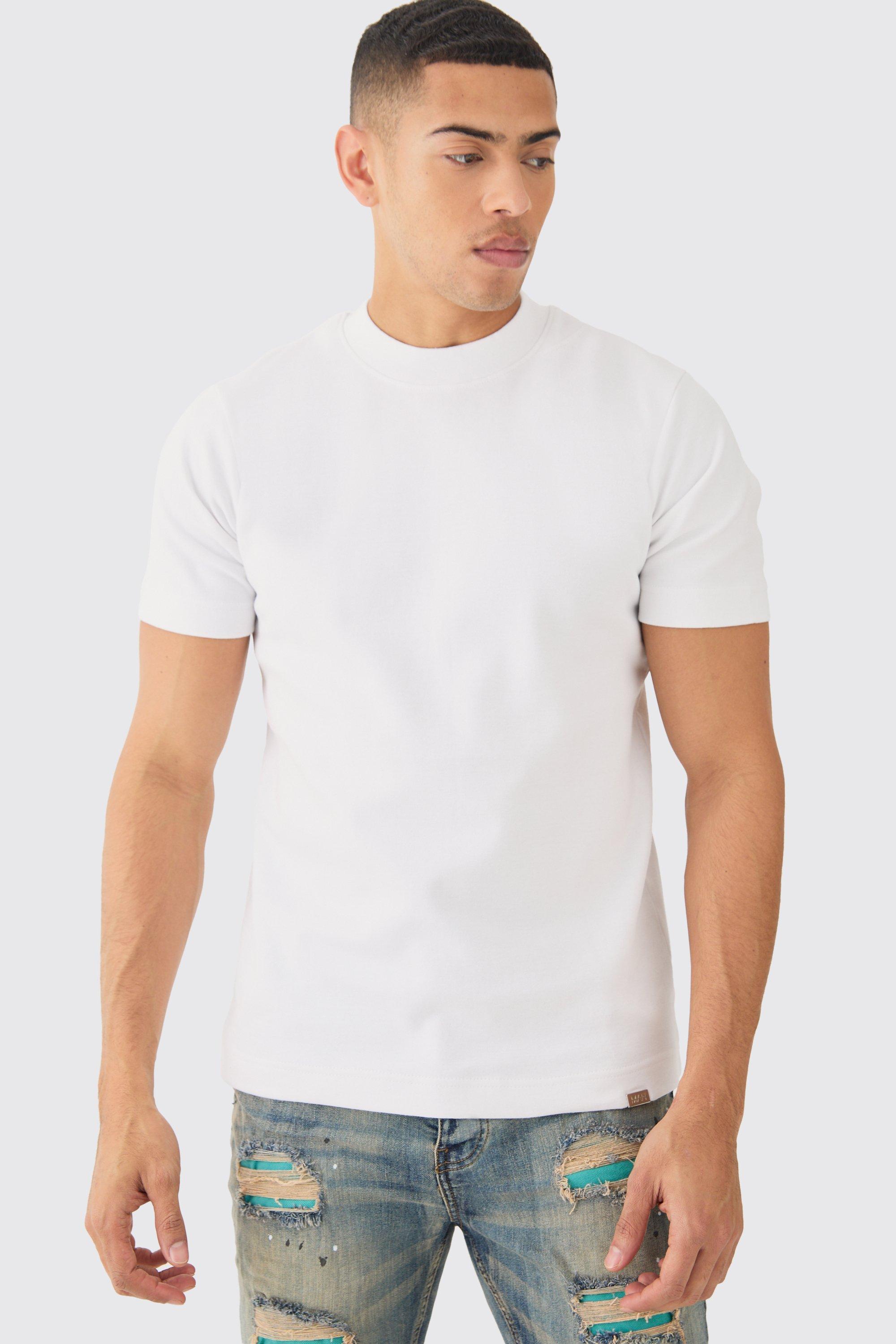 Image of T-shirt Man Slim Fit in maglia intrecciata pesante con girocollo esteso, Bianco
