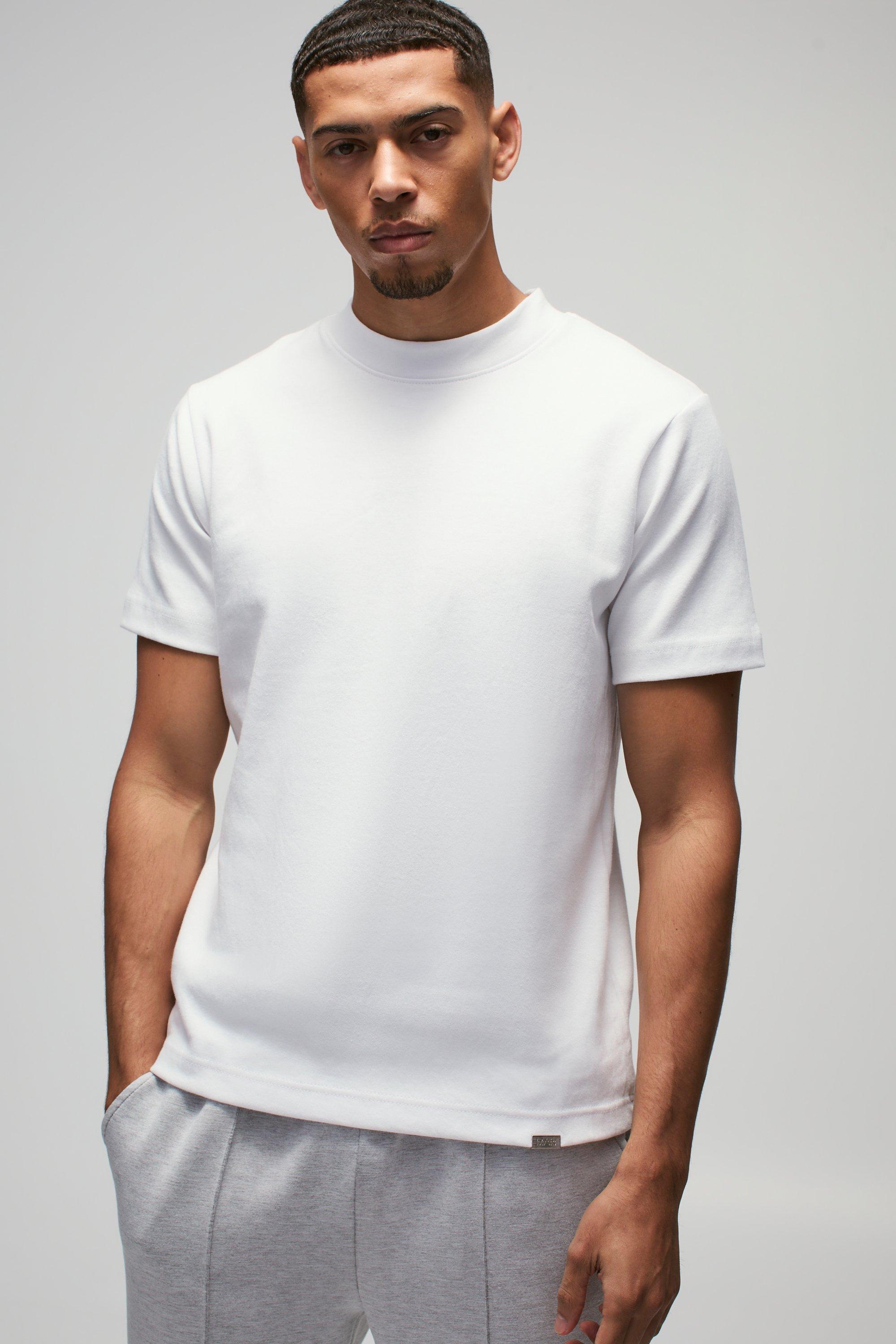 Mens White Man Slim Fit Extended Neck Heavy Interlock T-shirt, White