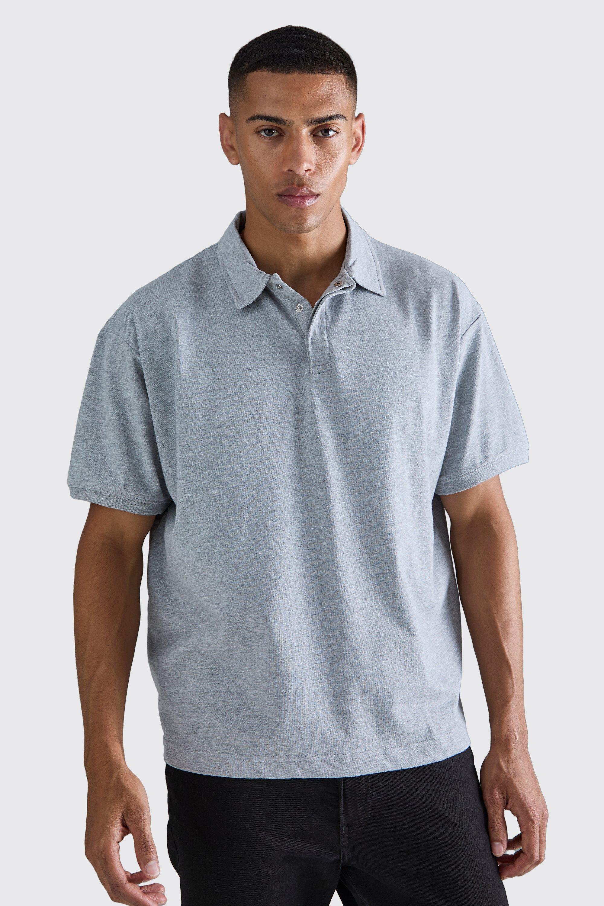 Mens Grey Oversized Heavy Carded Button Up Polo, Grey