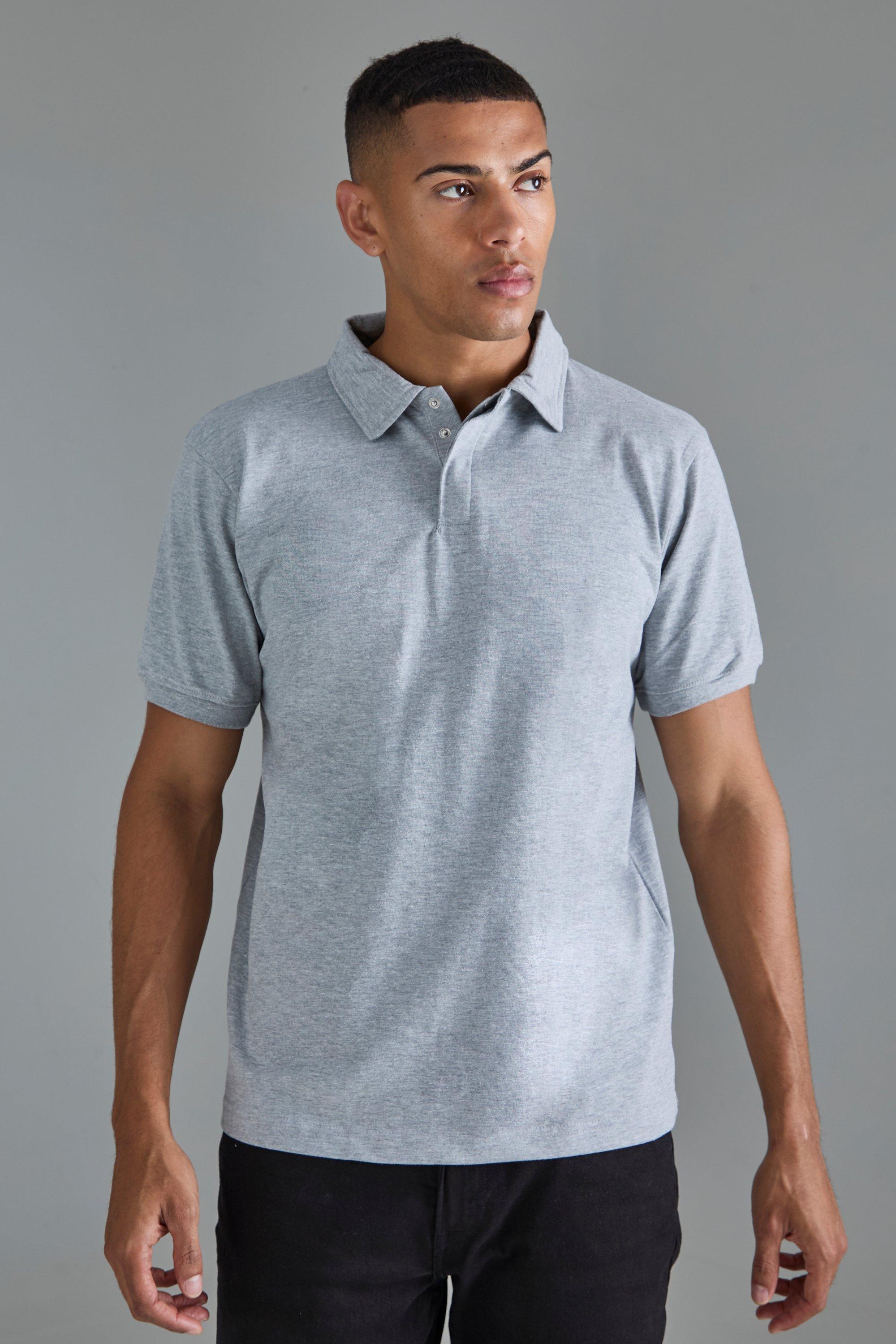 Mens Grey Core Heavy Carded Button Up Polo, Grey