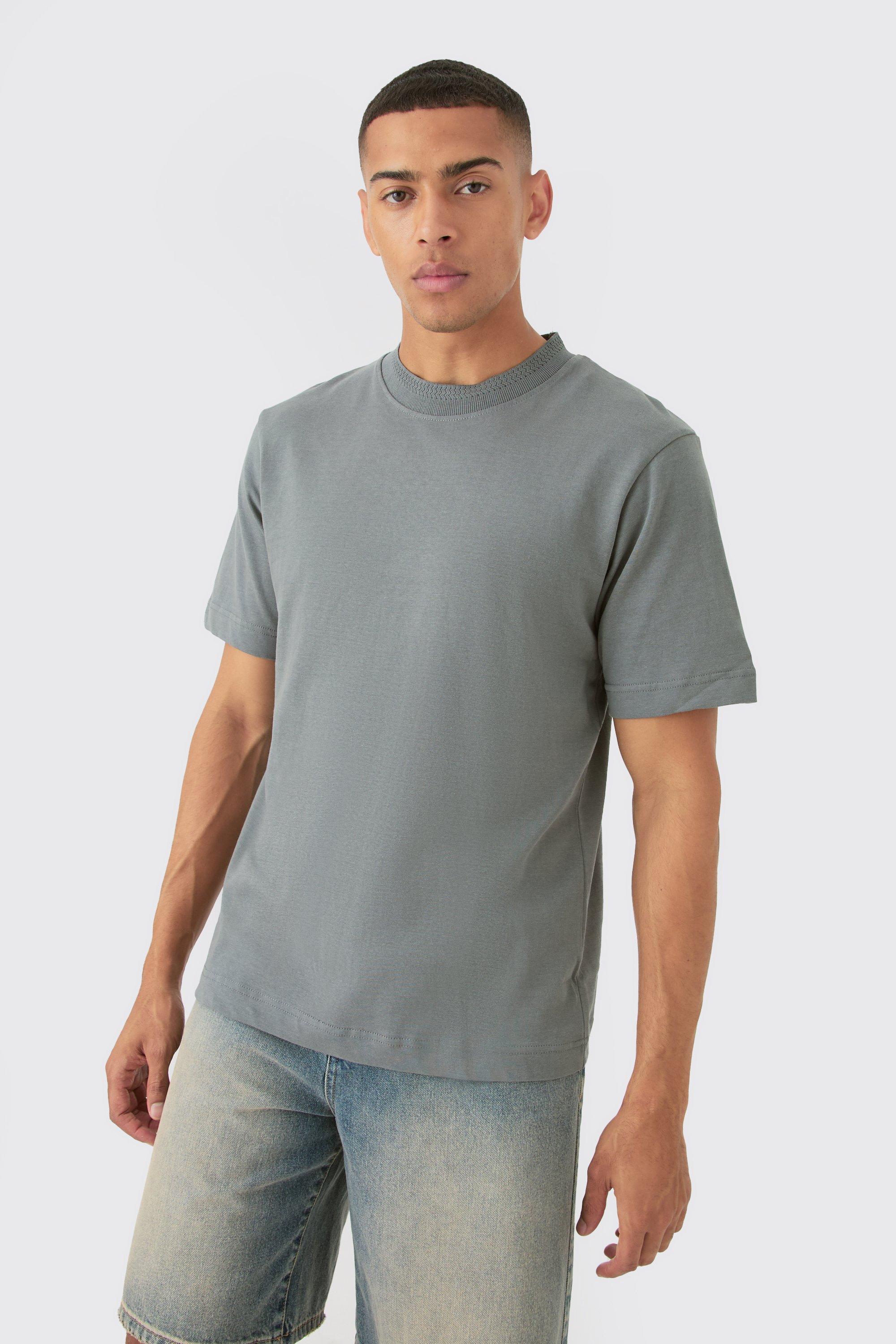 Image of T-shirt Core pesante con scollo in jacquard, Grigio