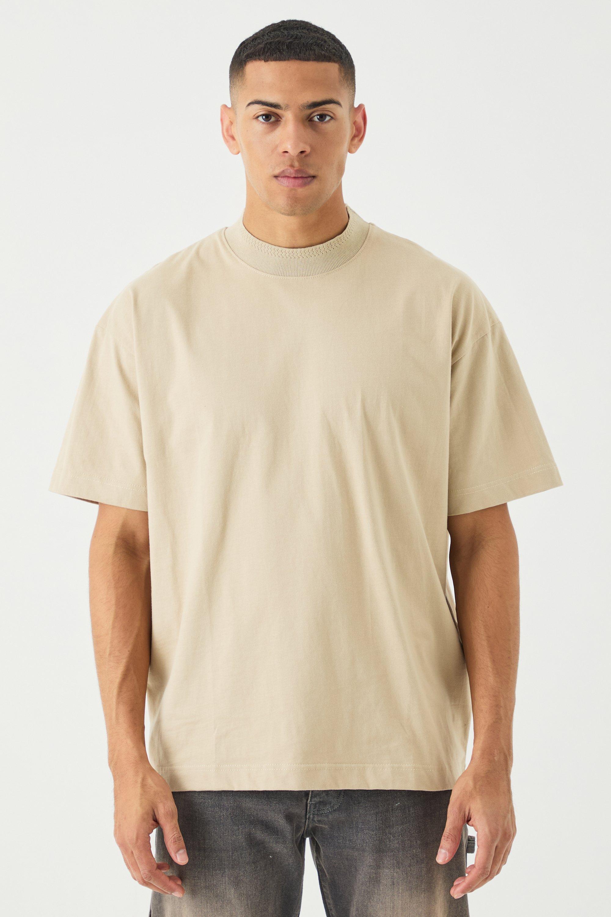 Image of T-shirt oversize pesante con girocollo esteso in jacquard, Beige