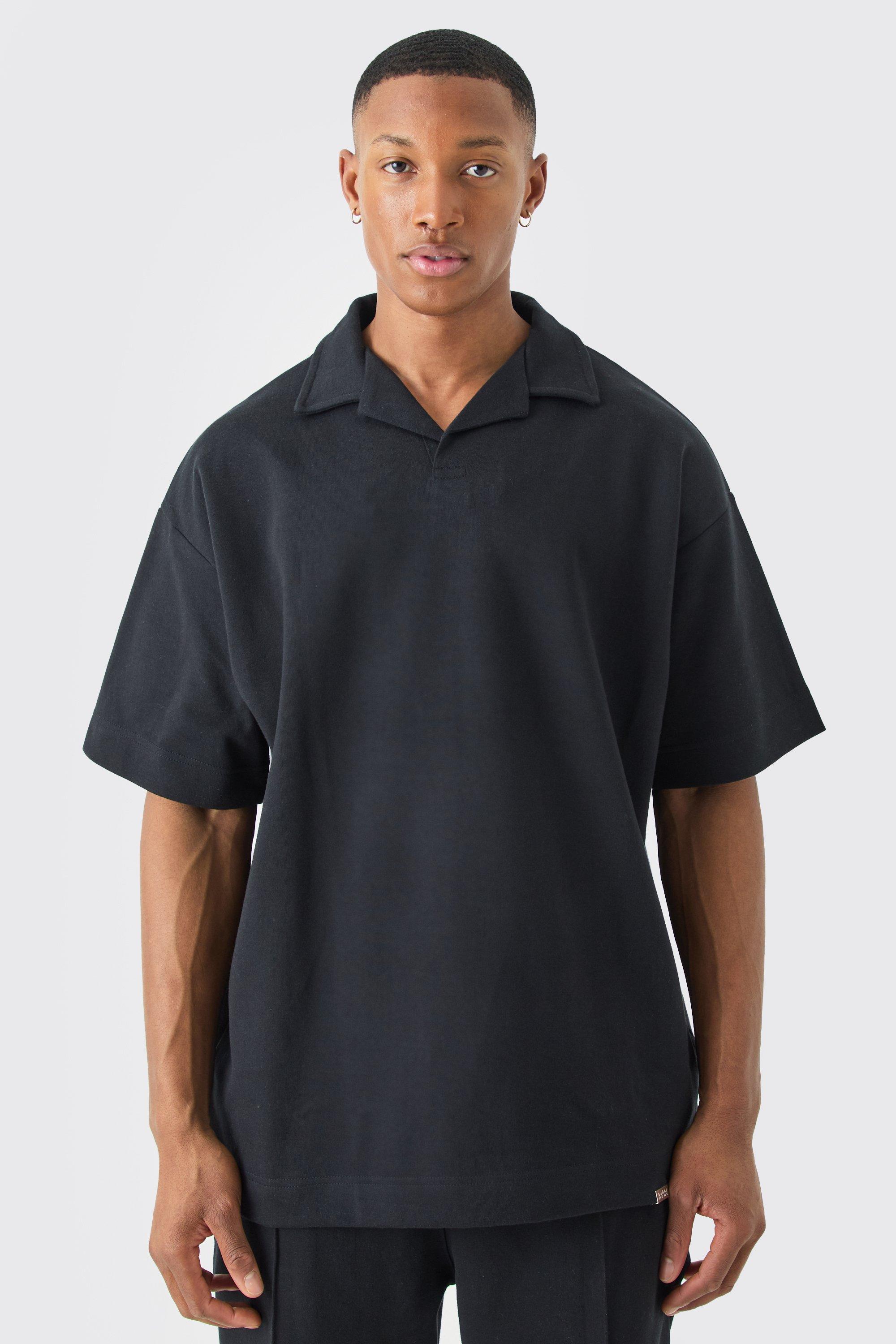 Mens Black Oversized Man Heavy Interlock Revere Polo, Black