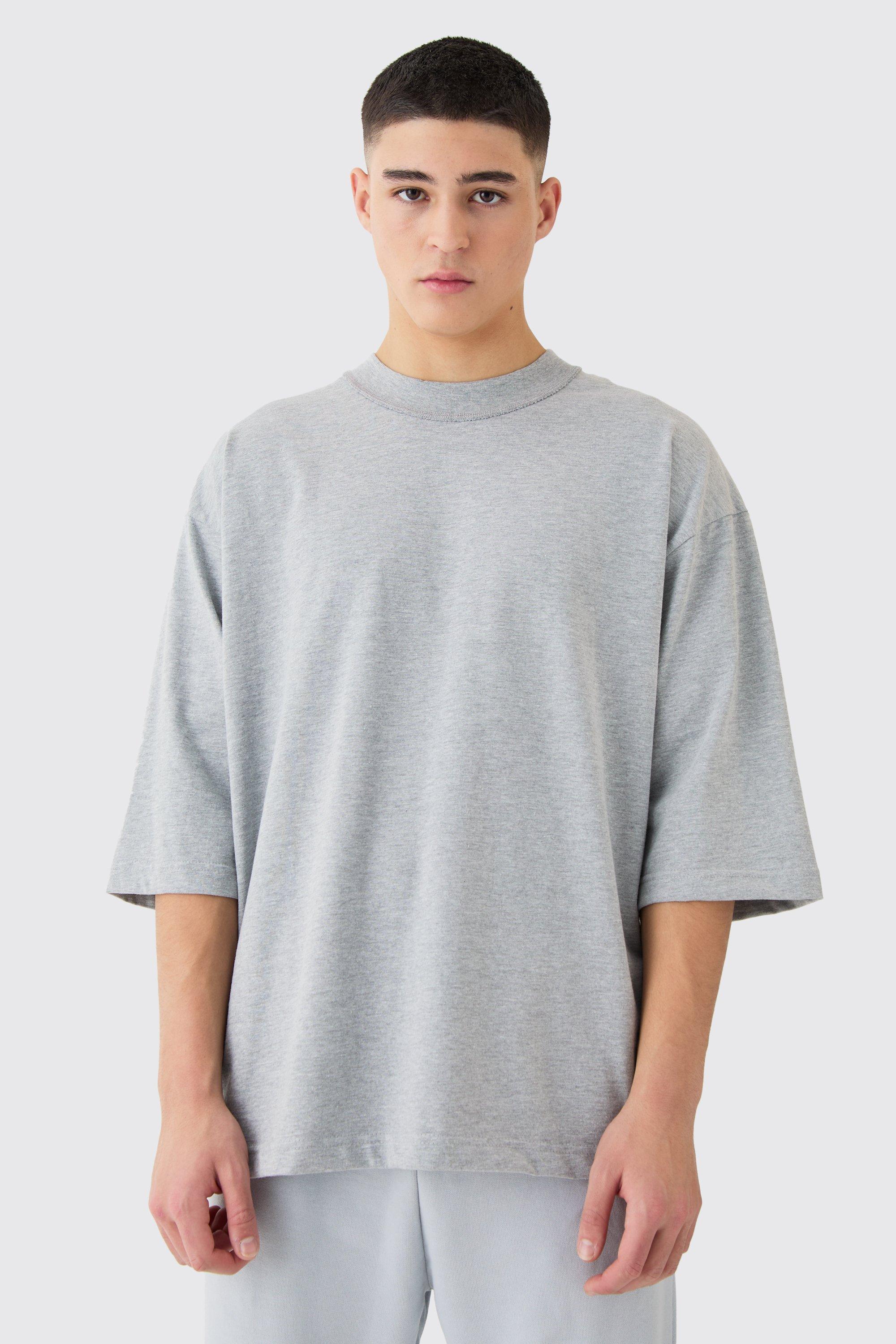 Mens Grey Oversized Heavy Layed On Neck Carded T-shirt, Grey
