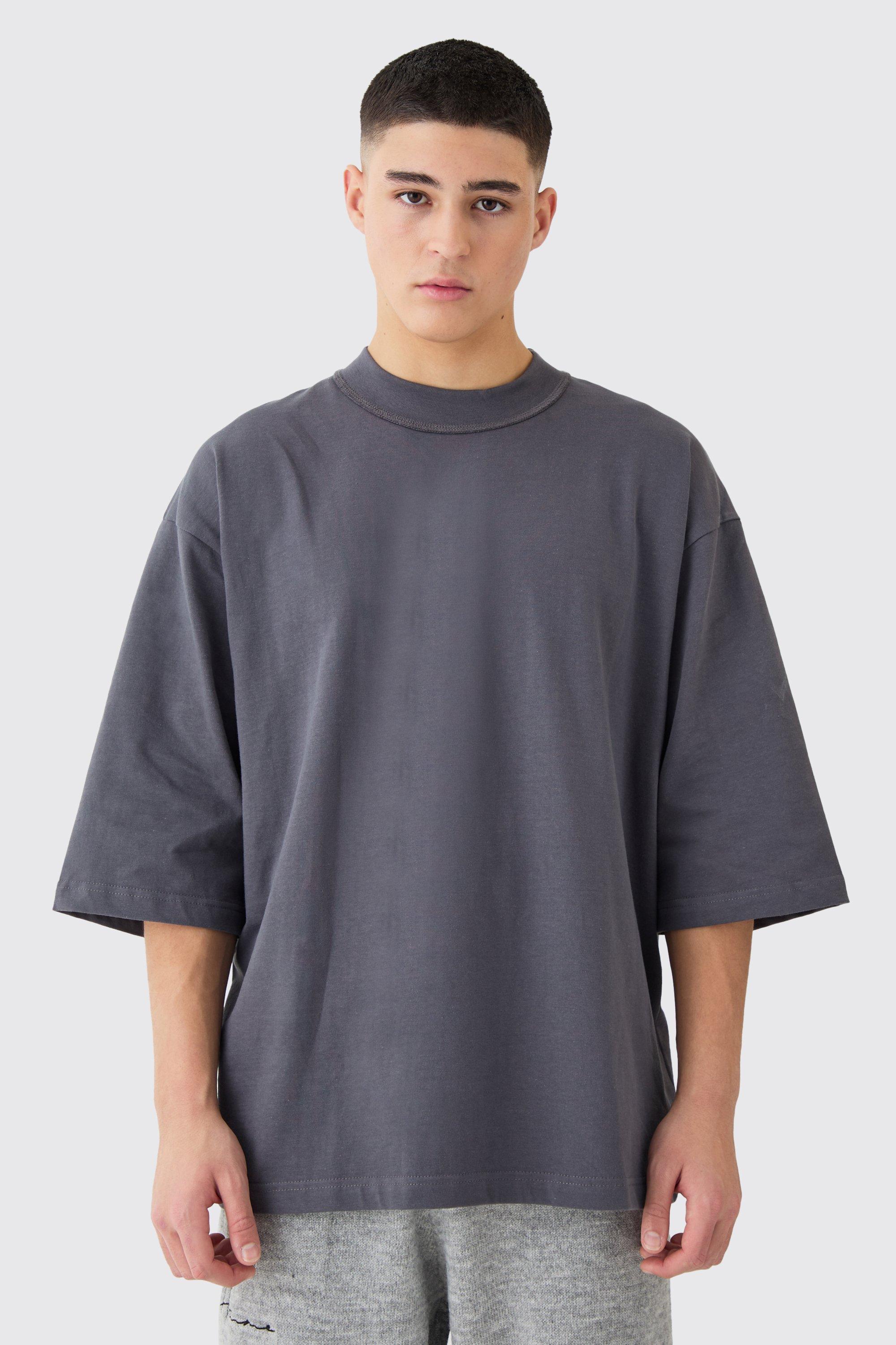 Image of T-shirt oversize pesante con girocollo e mezze maniche, Grigio