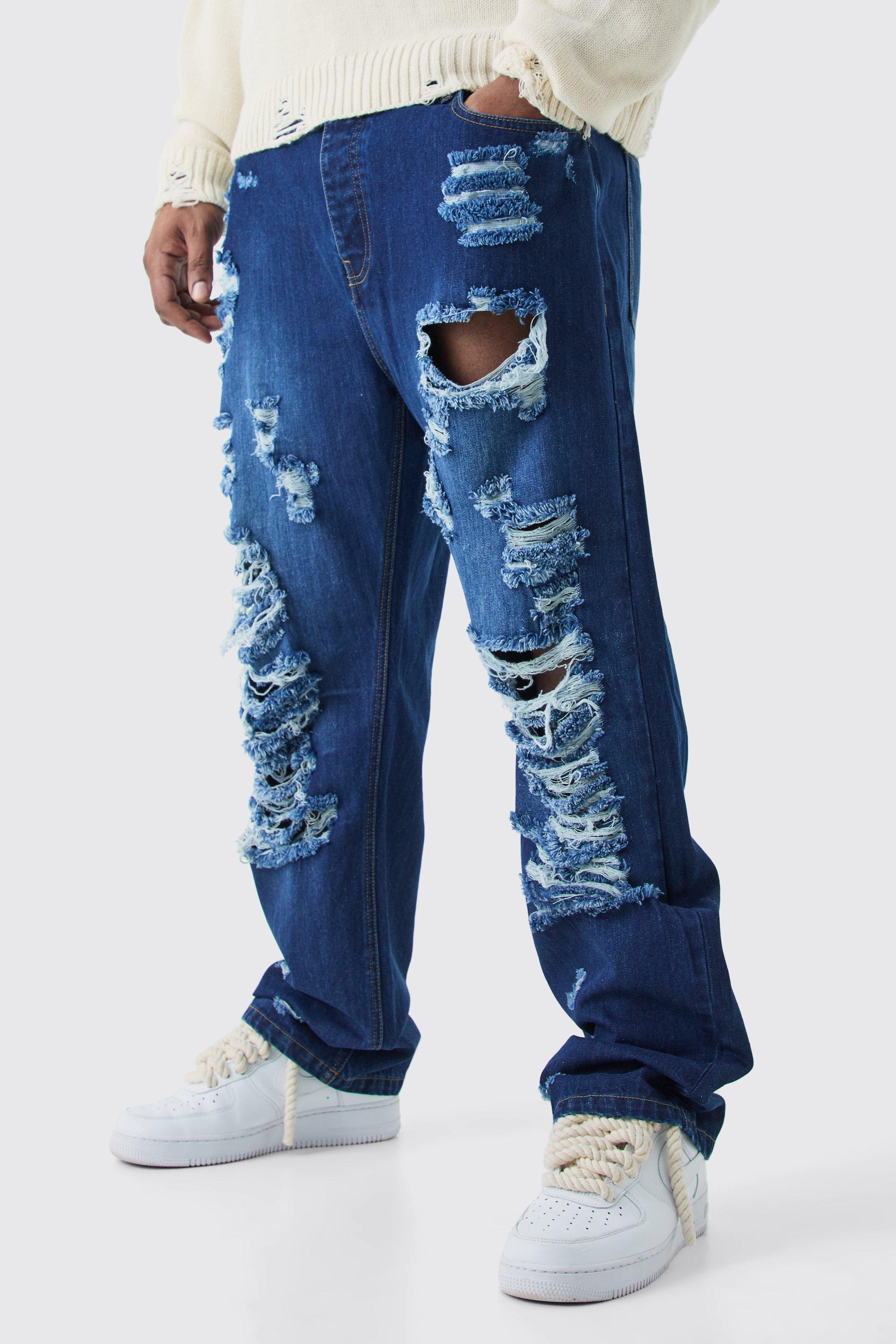 Image of Jeans dritti Plus Size in denim rigido con strappi estremi, Azzurro