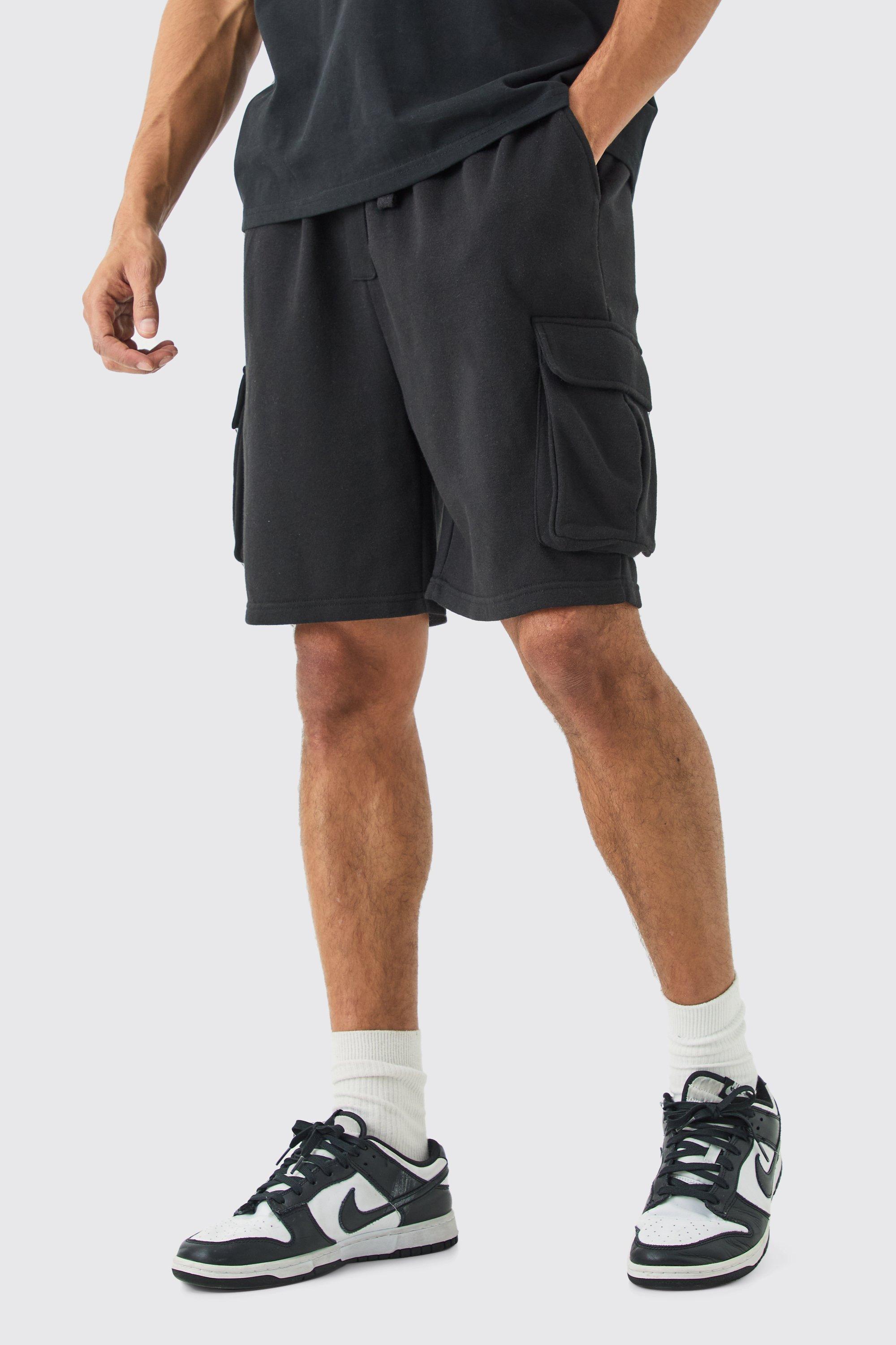 Mens Black Oversized Drop Crotch Cargo Pocket Jersey Shorts, Black