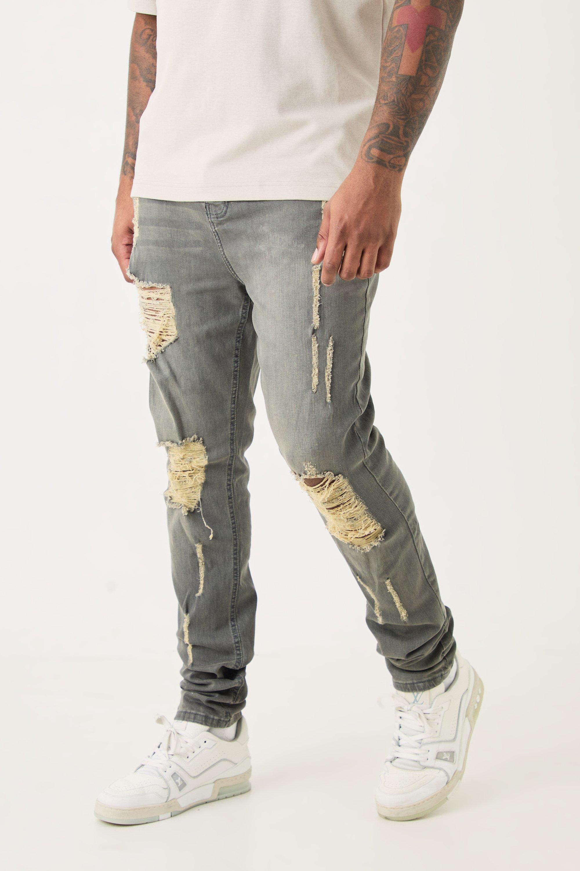 Mens Grey Plus Super Skinny Stretch Multi Rip Stacked Jeans, Grey