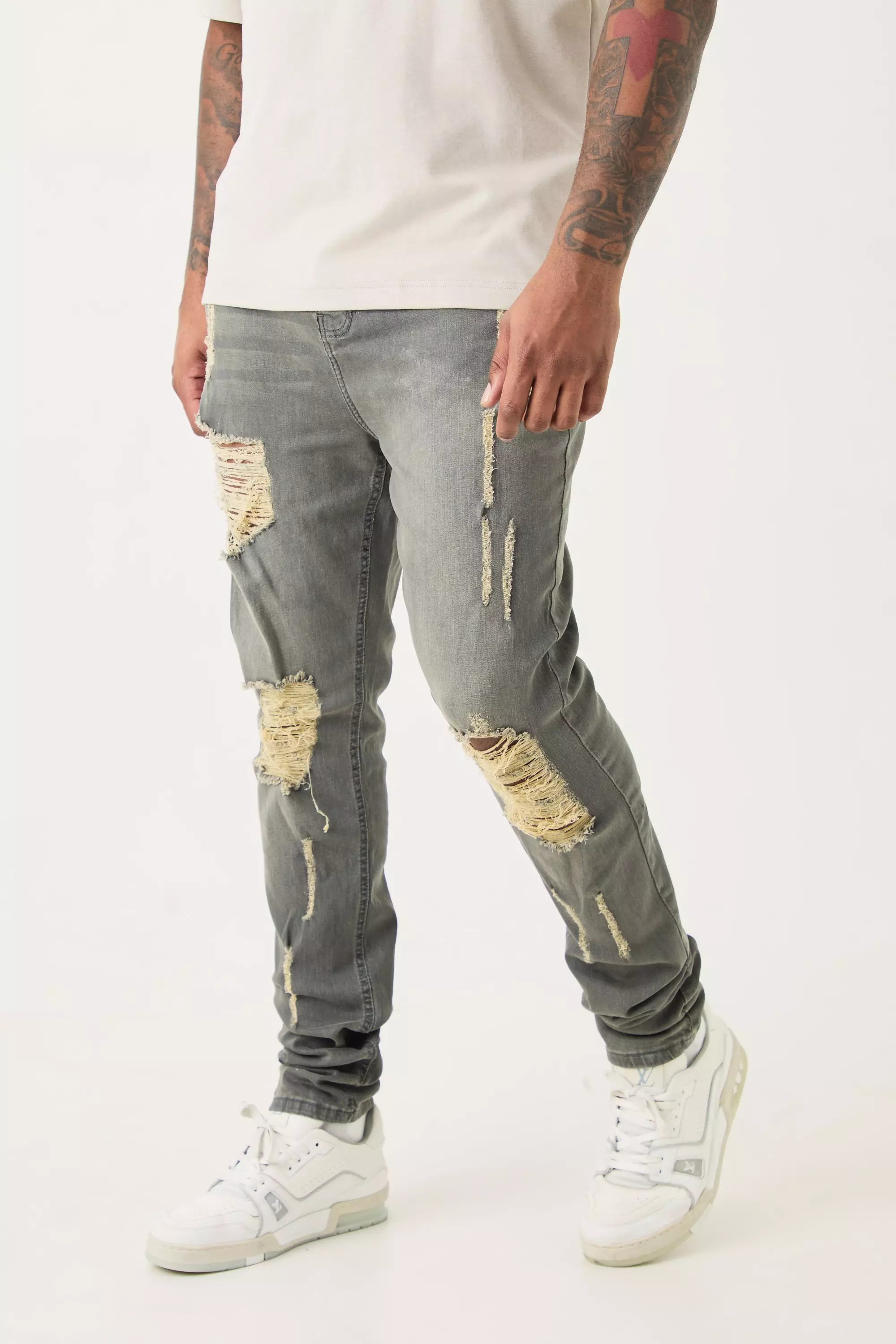 Grey Pants Super Skinny Stretch Denim Pants for Mens