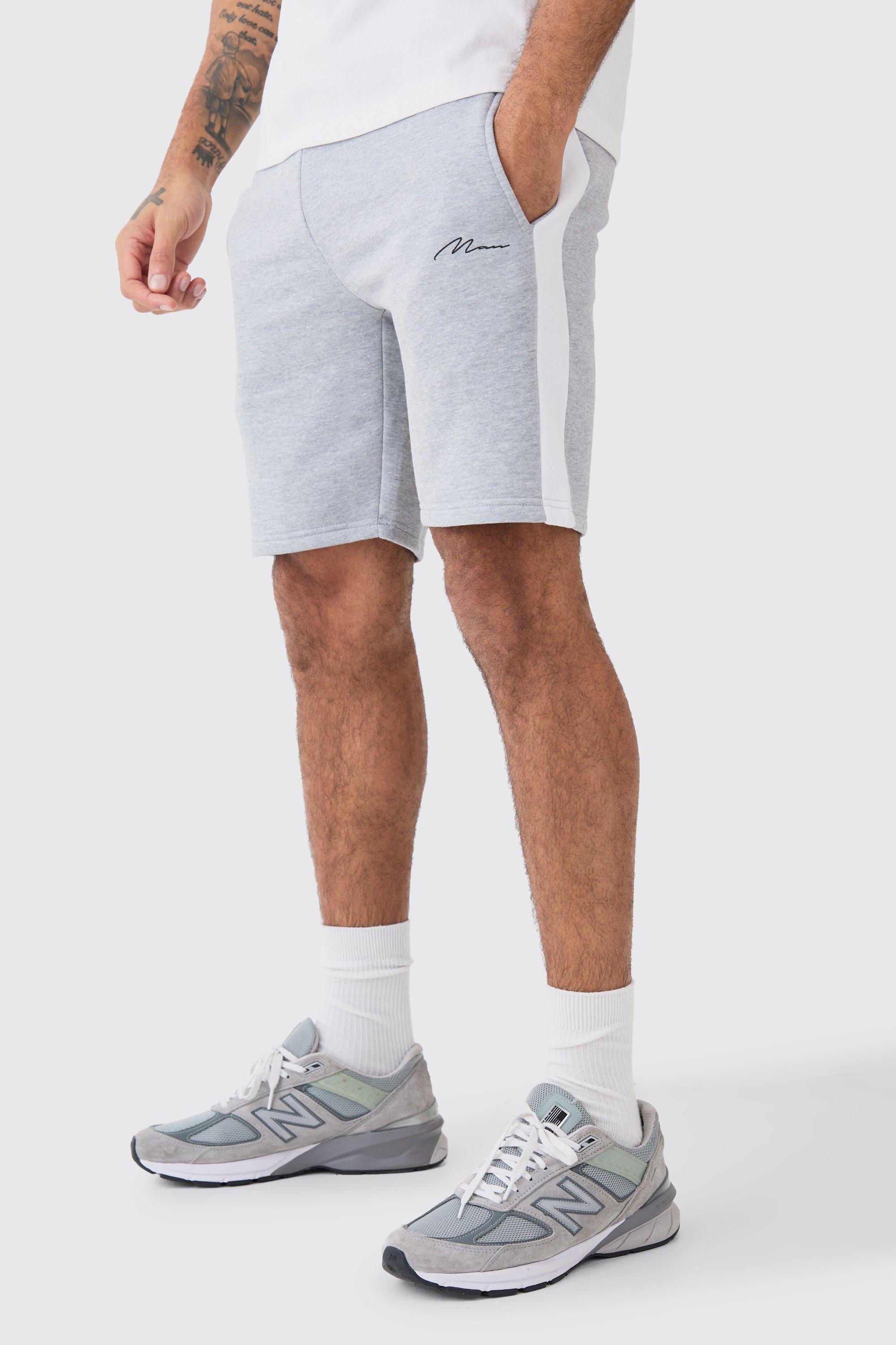 Mens Grey Man Signature Slim Mid Length Colour Block Shorts, Grey