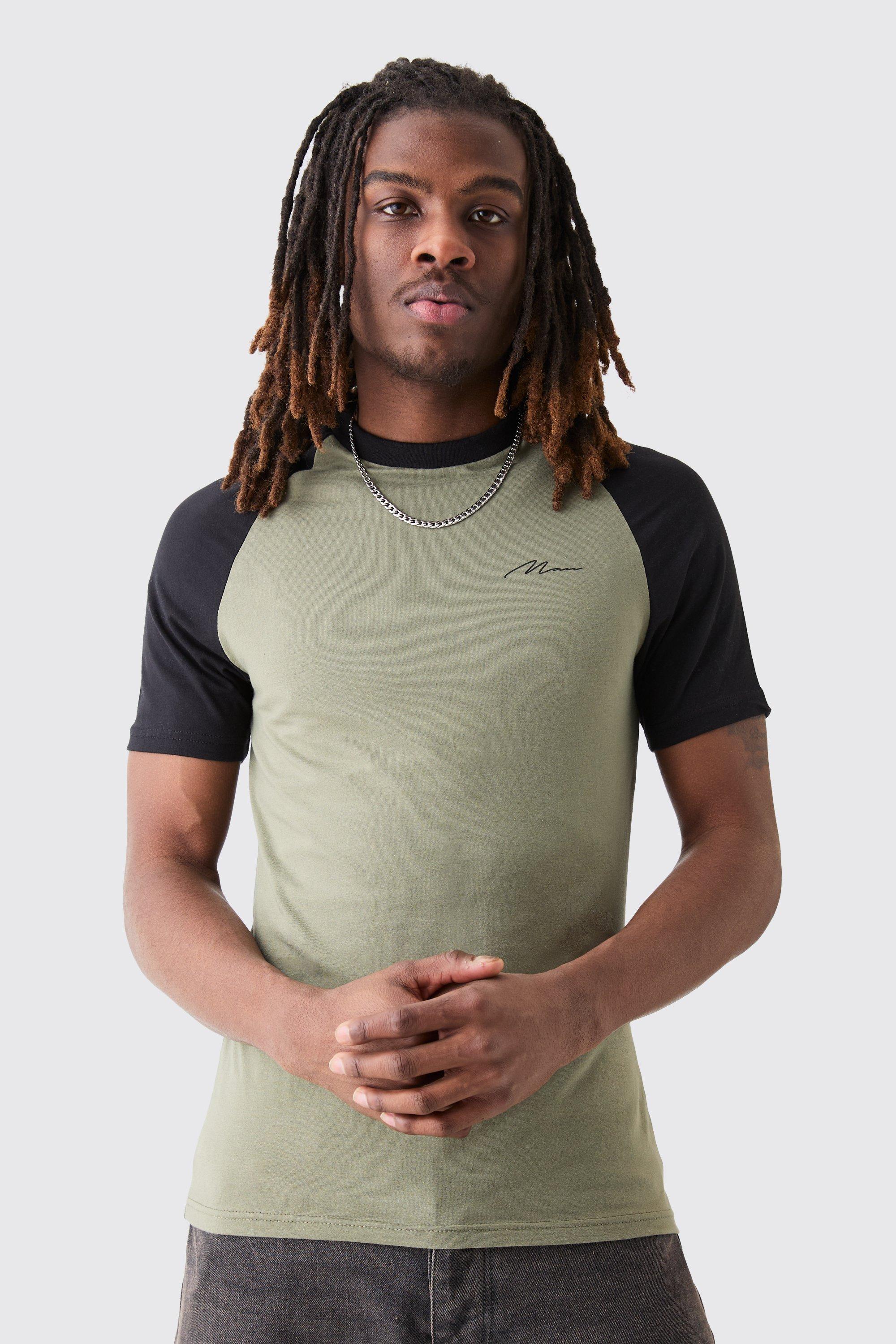 Mens Green Muscle Fit Man Signature Raglan T-shirt, Green