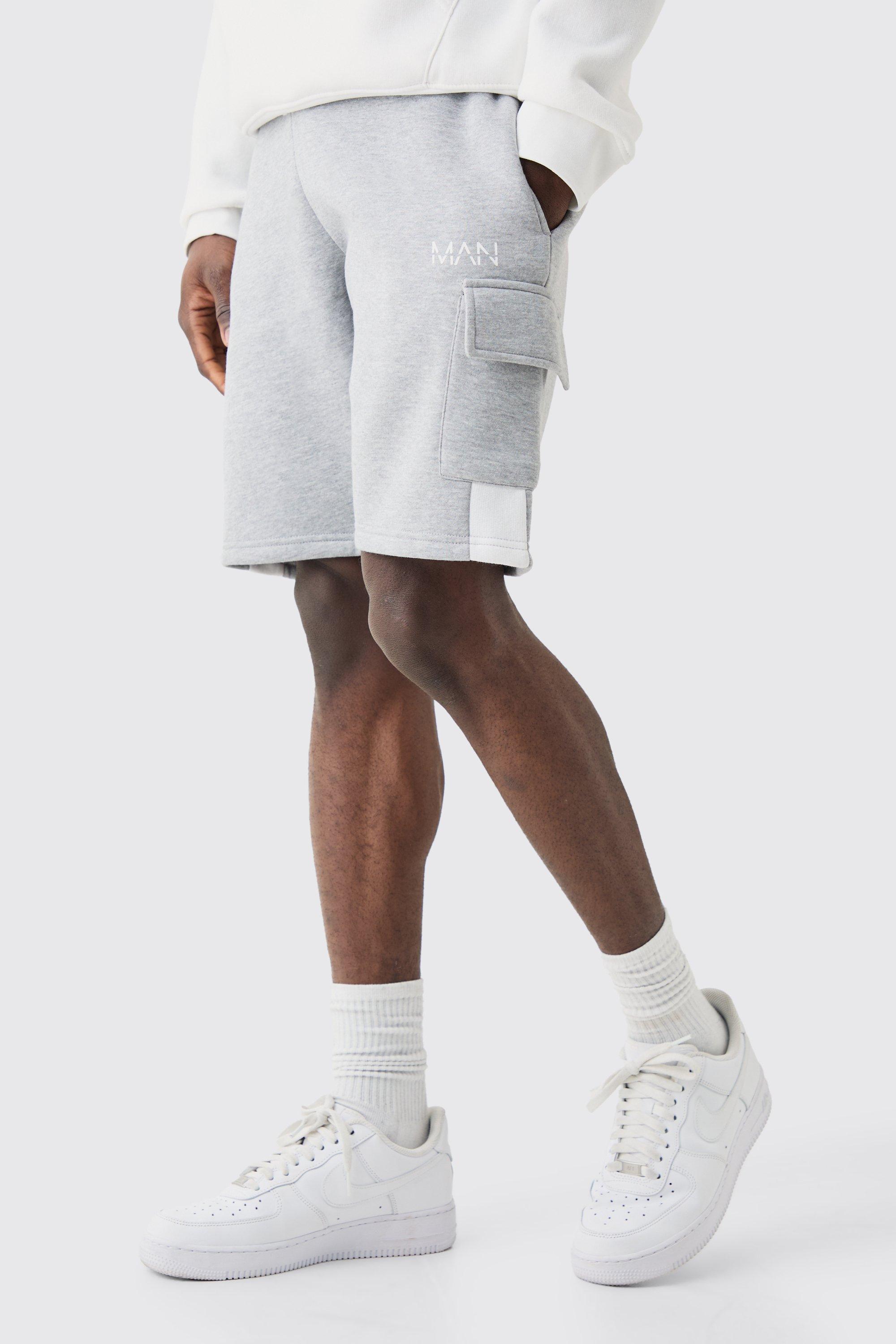 Mens Grey Man Gusset Colour Block Pixel Camo Slim Mid Length Shorts, Grey