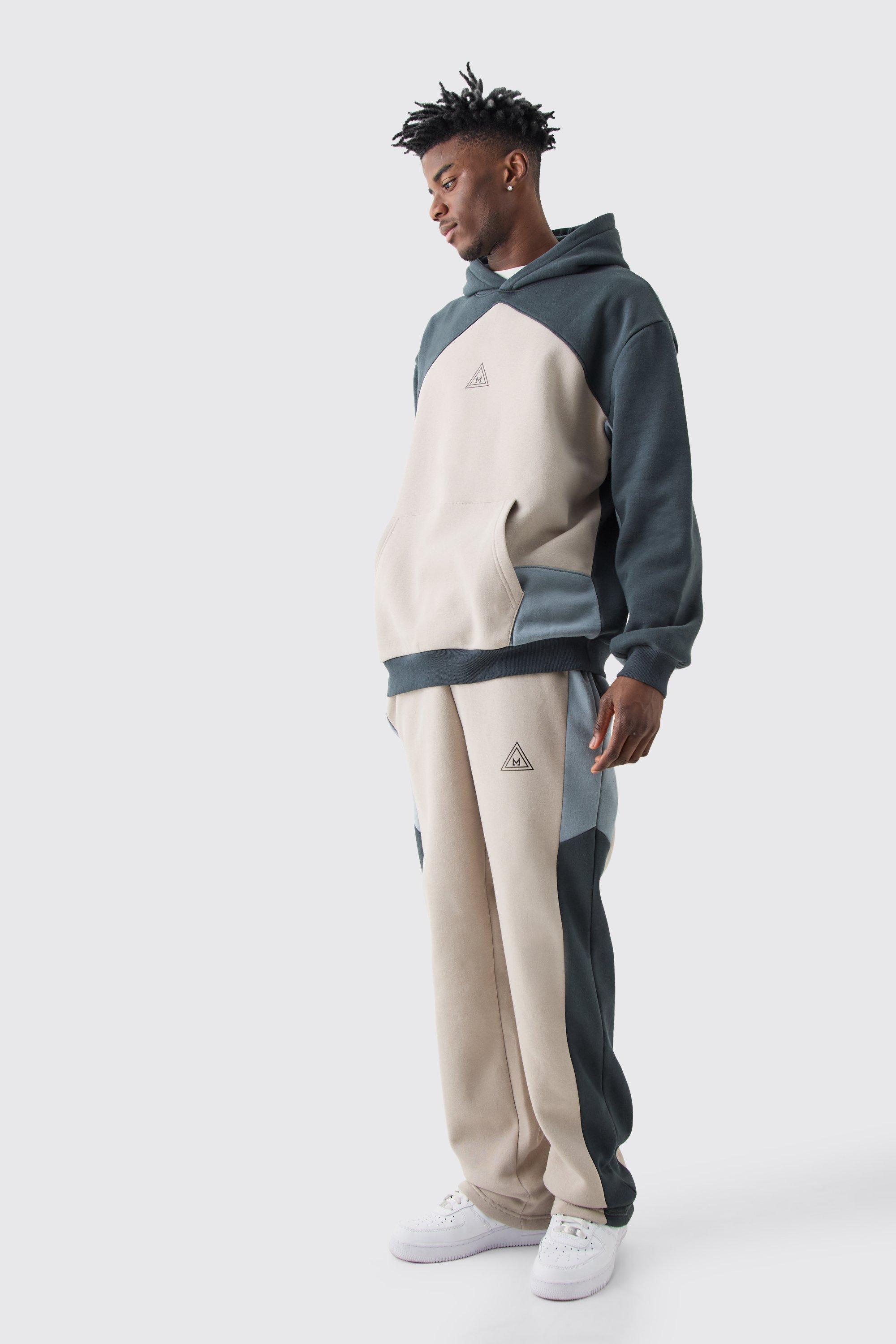 Mens Grey Oversized Branded Colour Block Relaxed Fit Hooded Tracksuit, Grey