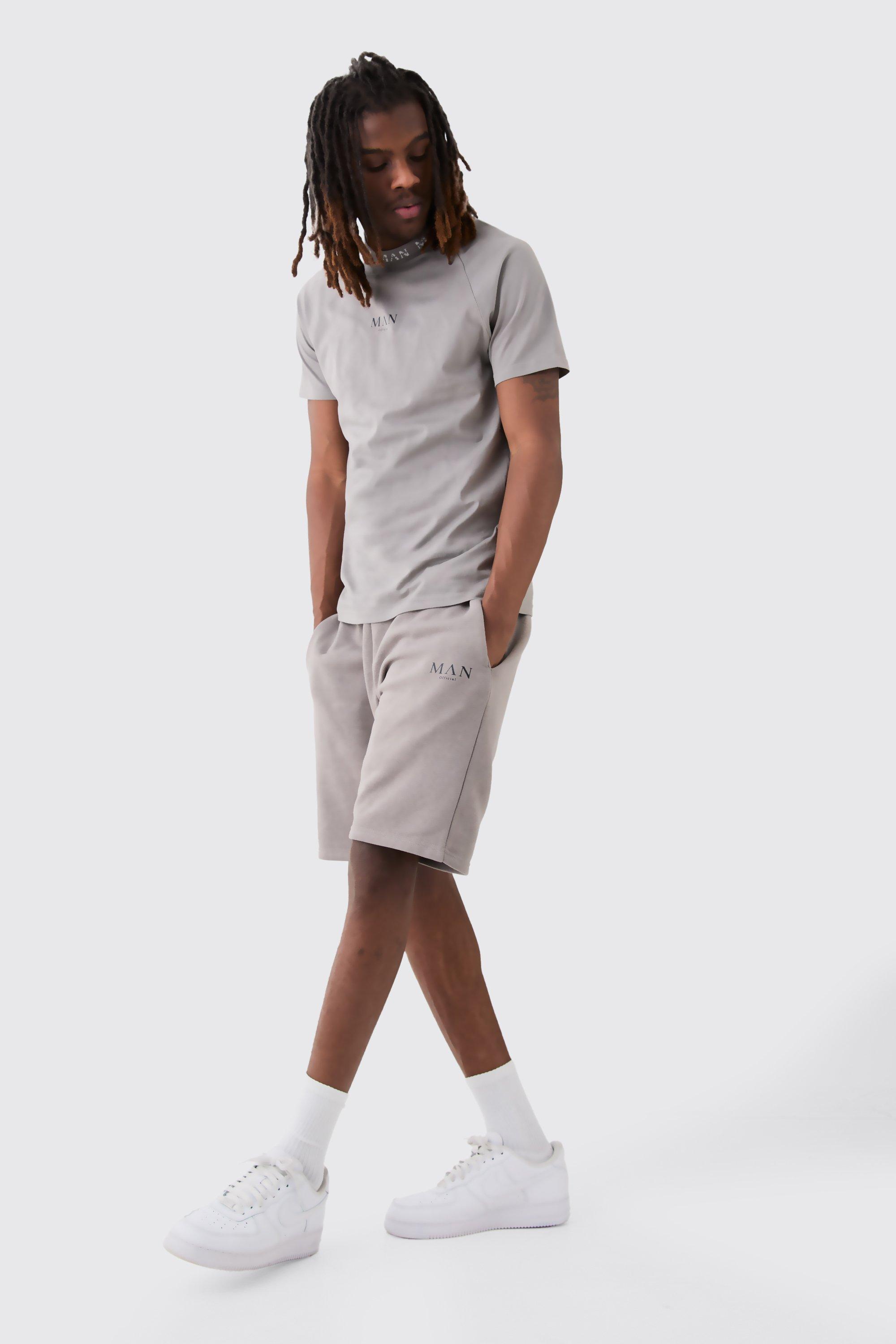 Image of Set T-shirt Man a coste Slim Fit con scollo a romano & pantaloncini, Grigio