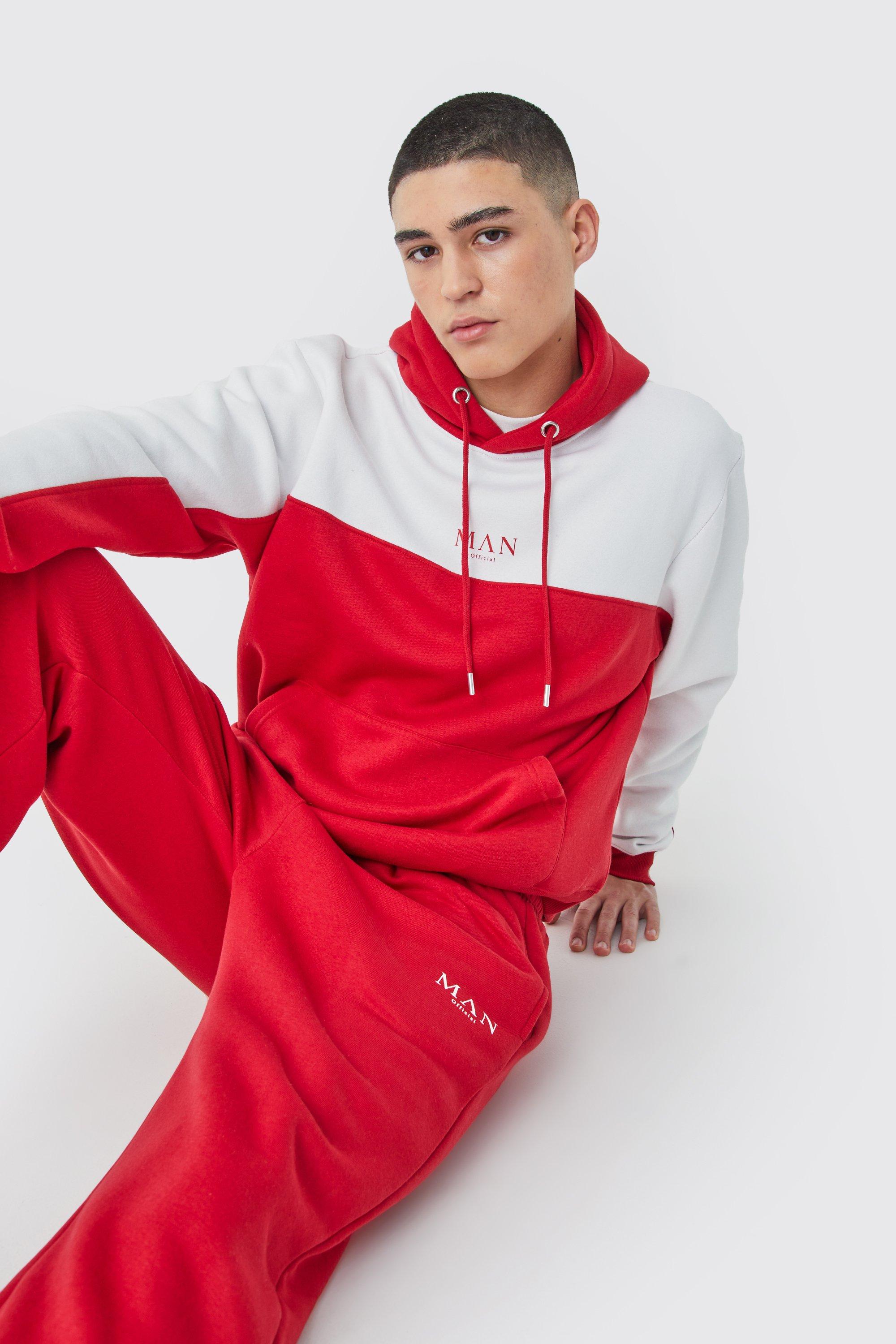 Mens Red Man Official Colour Block Hooded Tracksuit, Red