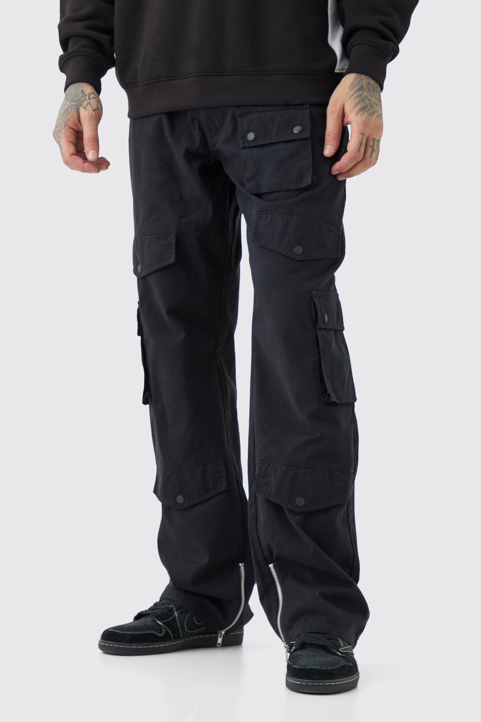 Mens Black Tall Fixed Waist Relaxed Fit Cargo Trouser, Black