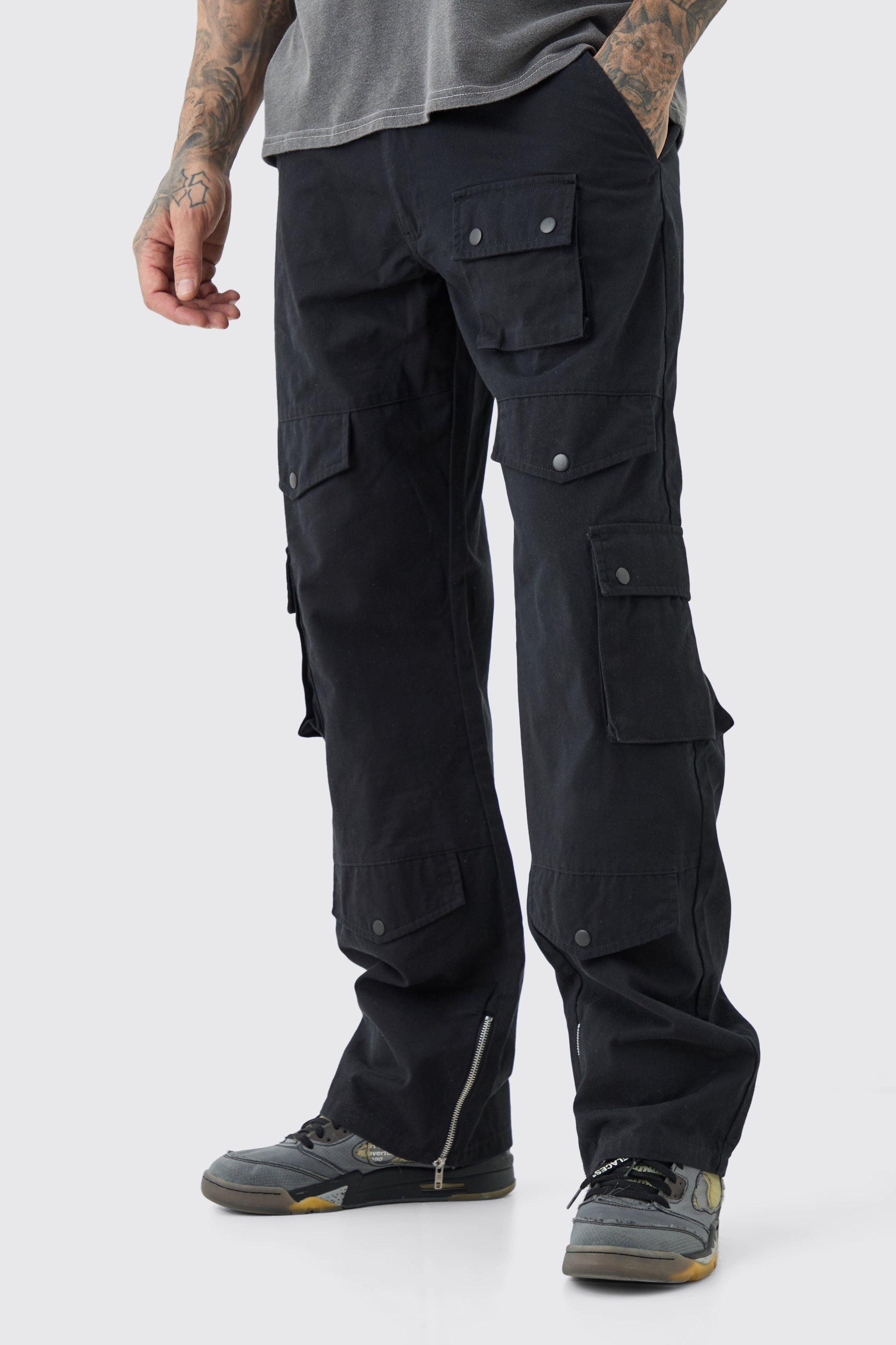 Mens Black Tall Relaxed Fit Twill Cargo Trousers, Black